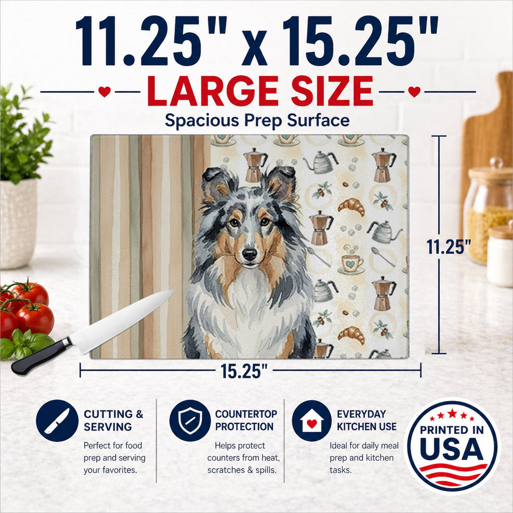 Blue Merle Sheltie Coffee Bar Cutting Board Tempered Glass Kitchen Cutting Surface, Heat Resistant Chopping, Non-Slip Feet, Food Prep & Serving