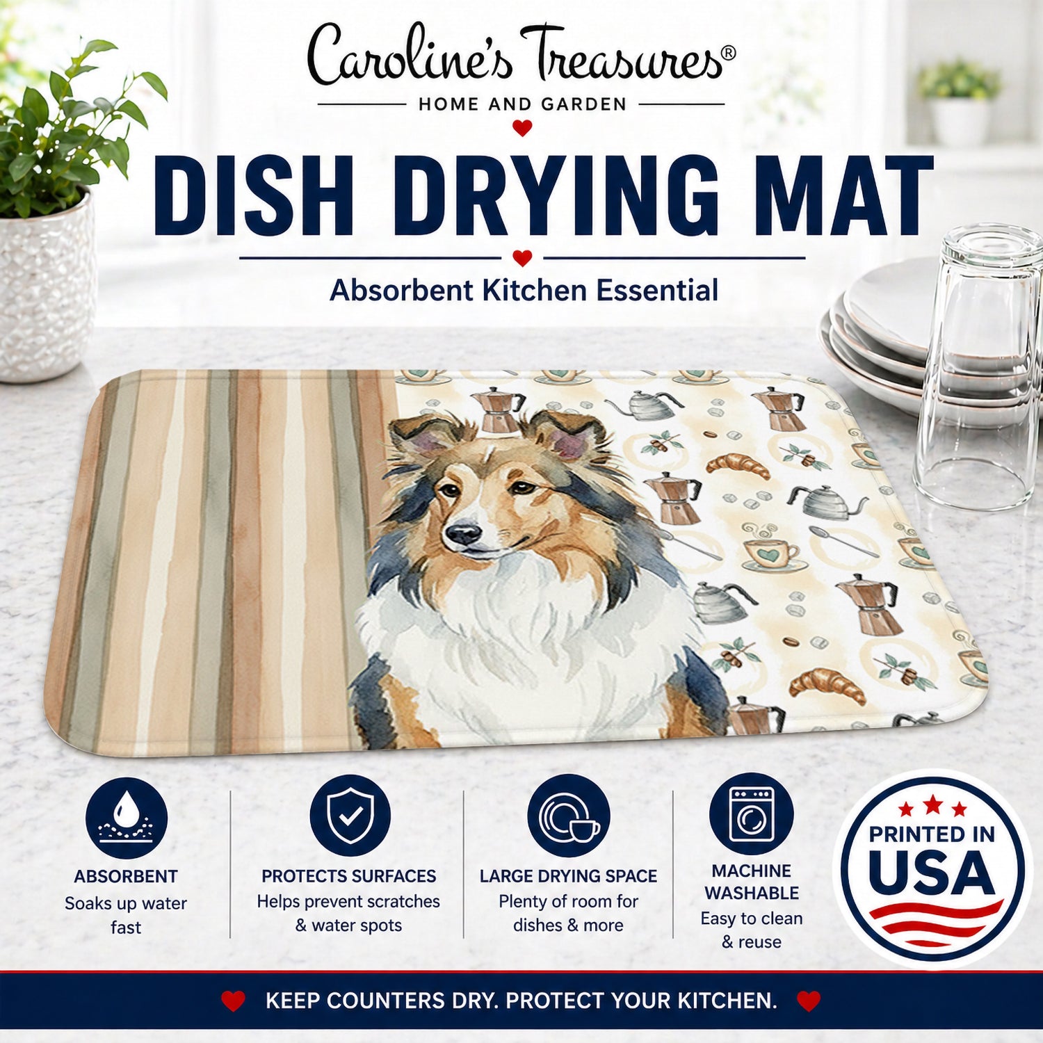 Sable Sheltie Coffee Bar Dish Drying Mat Absorbent Dish Drying Mat Pad for Kitchen Counter Dish Drainer Mat for Countertop, 14 x 21", Multicolor
