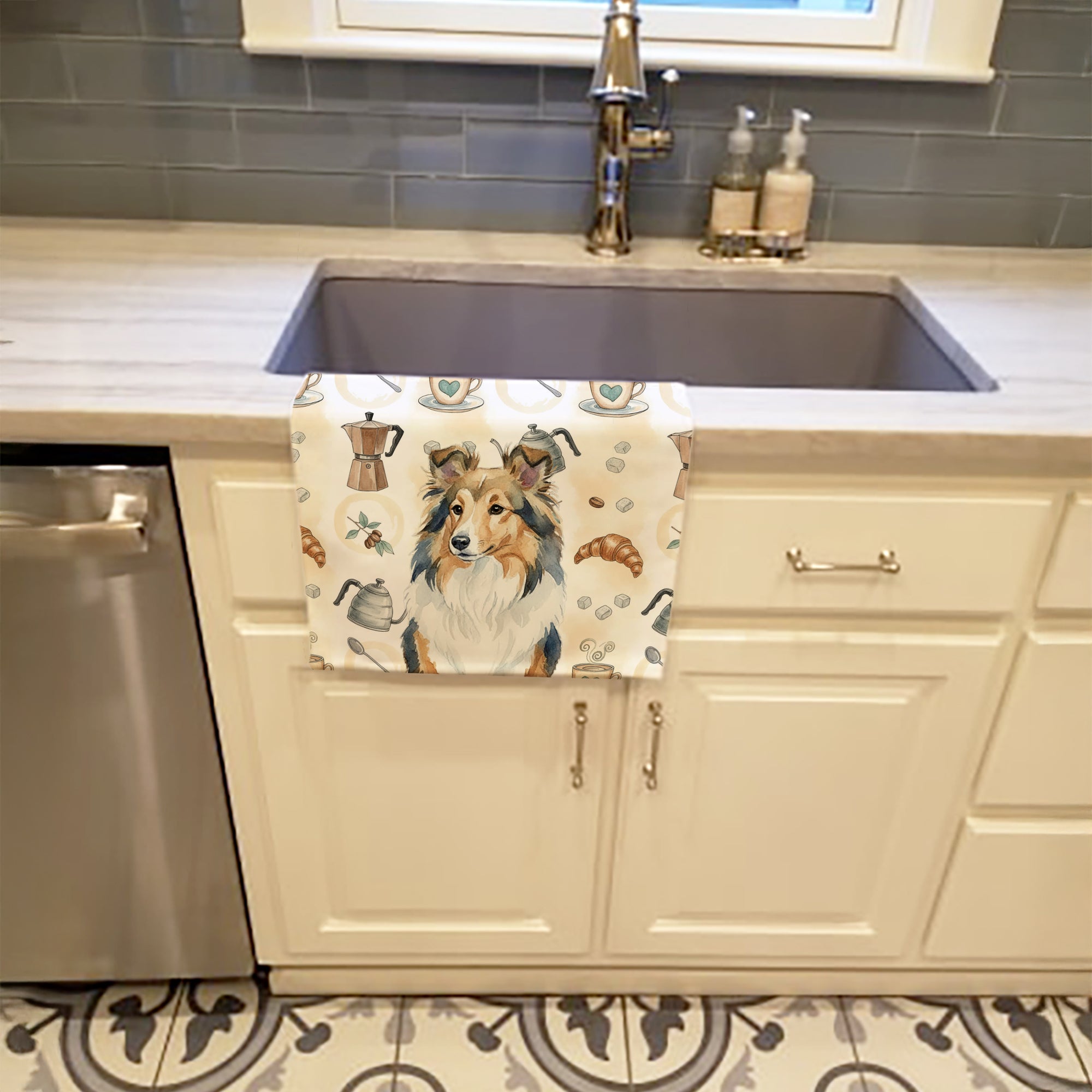 Sable Sheltie Coffee Bar Kitchen Towel Velour Plush Front and Cotton Loop Back Machine Washable