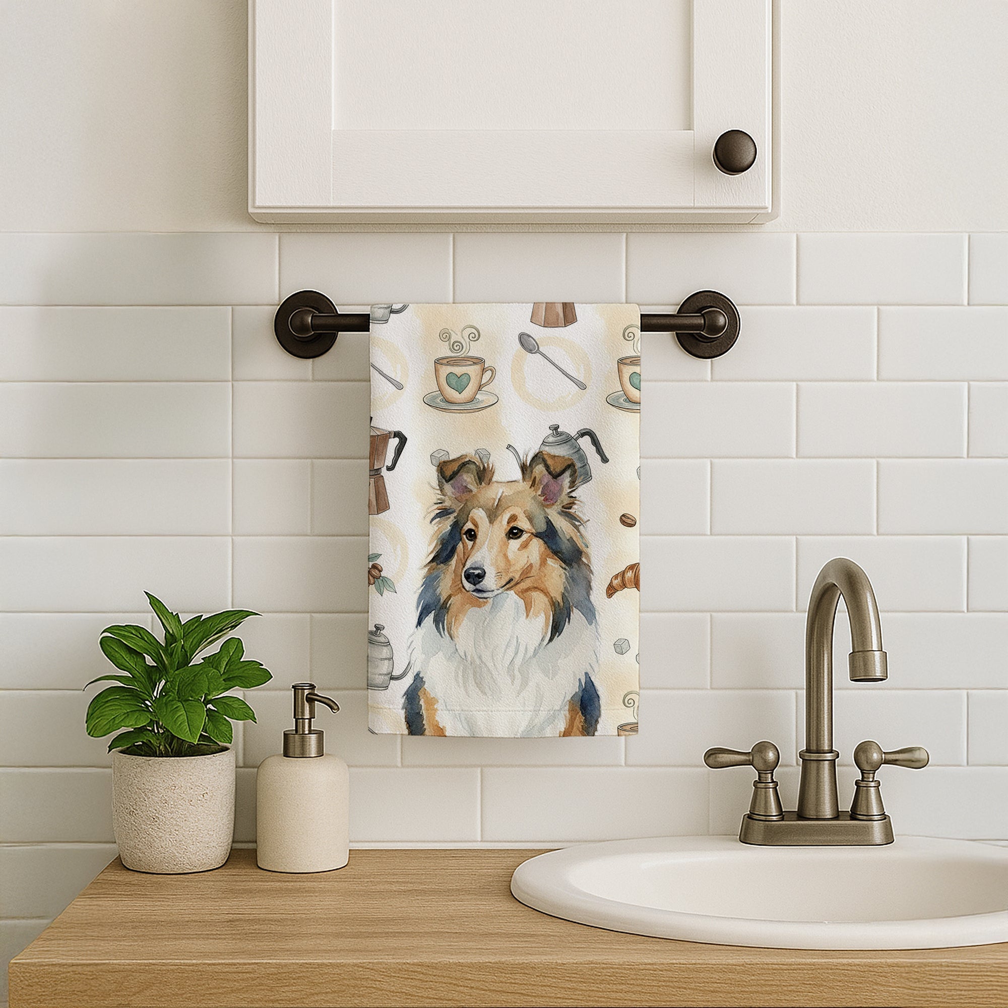 Sable Sheltie Coffee Bar Kitchen Towel Velour Plush Front and Cotton Loop Back Machine Washable