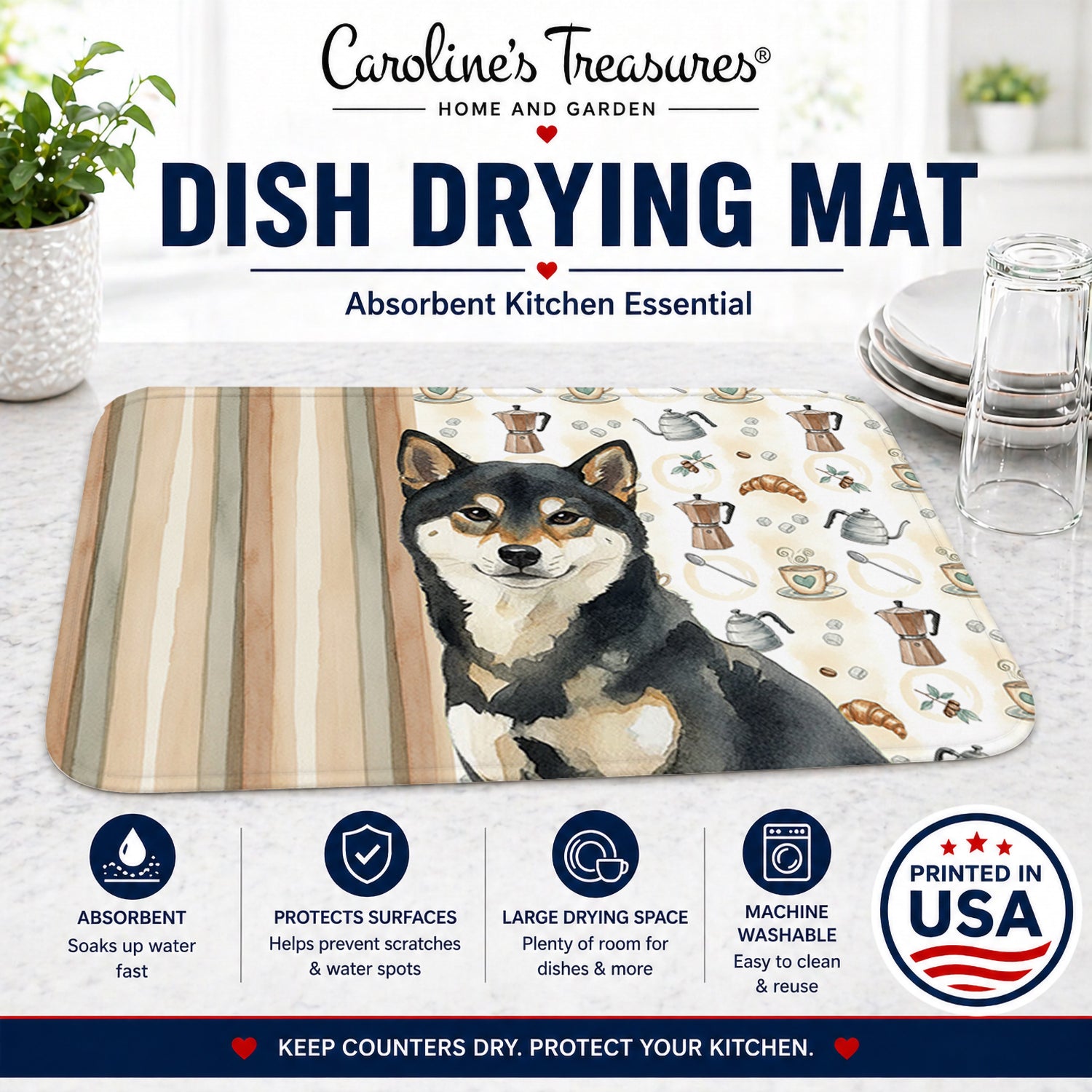 Black and Tan Shiba Inu Coffee Bar Dish Drying Mat Absorbent Dish Drying Mat Pad for Kitchen Counter Dish Drainer Mat for Countertop, 14 x 21", Multicolor