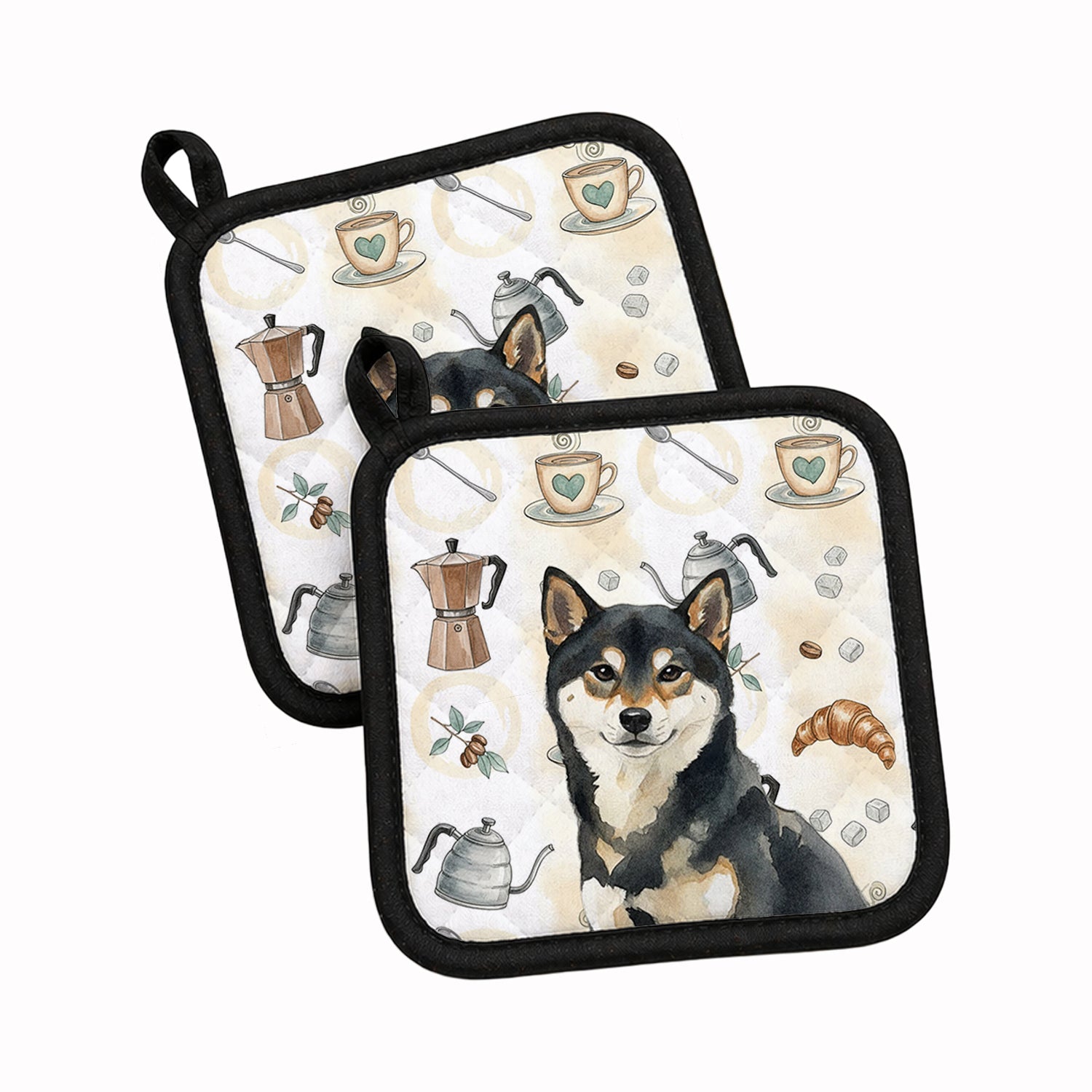 Black and Tan Shiba Inu Coffee Bar Pot Holder Set of 2 Heat Resistant Quilted Hot Pads 7.5 x 7.5 Inch, Insulated Kitchen Trivets for Cooking & Baking