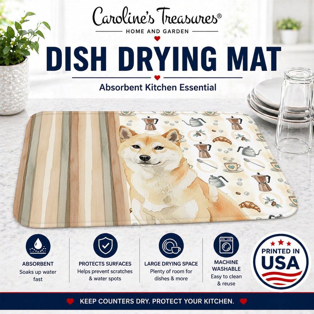 Cream Shiba Inu Coffee Bar Dish Drying Mat Absorbent Dish Drying Mat Pad for Kitchen Counter Dish Drainer Mat for Countertop, 14 x 21", Multicolor