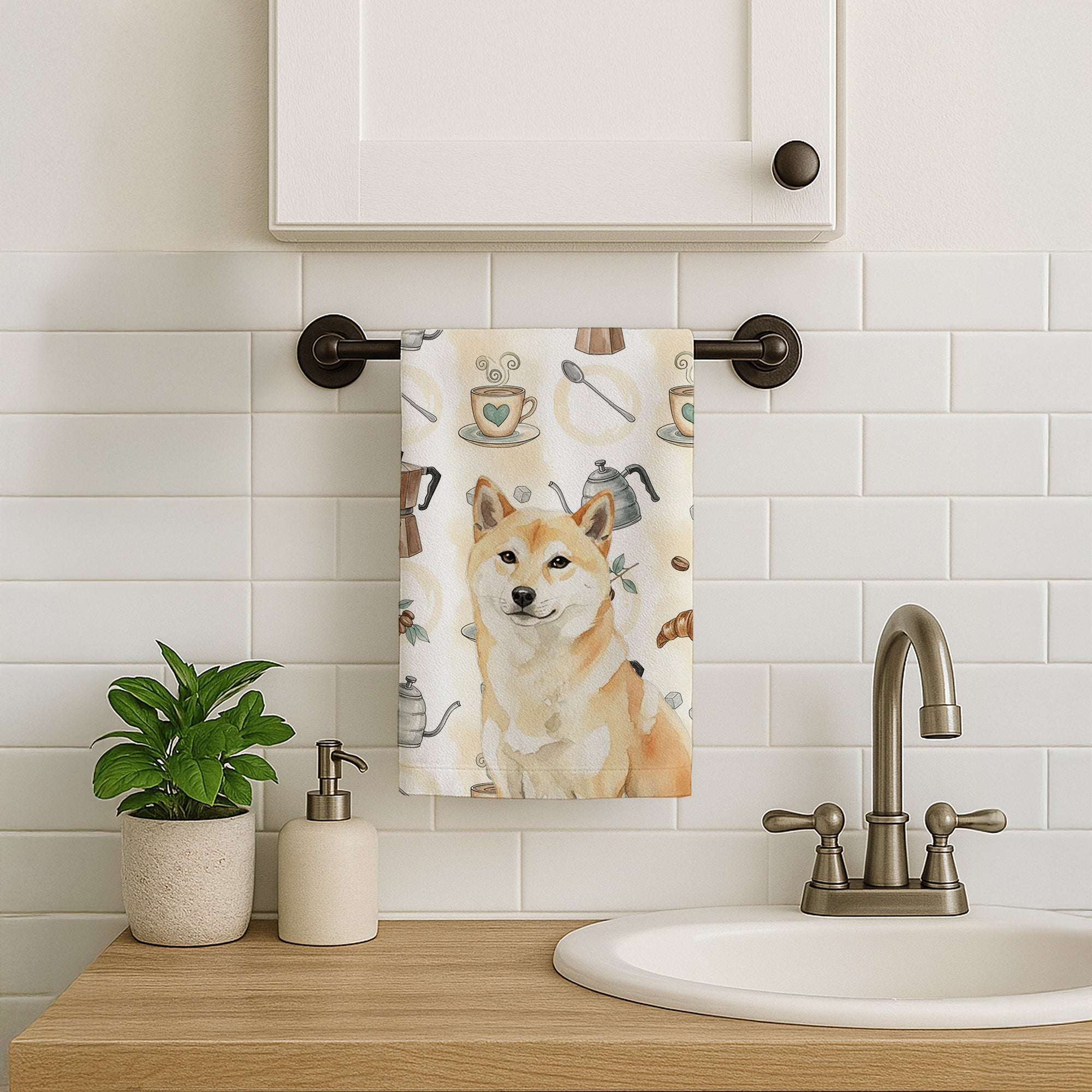 Cream Shiba Inu Coffee Bar Kitchen Towel Velour Plush Front and Cotton Loop Back Machine Washable