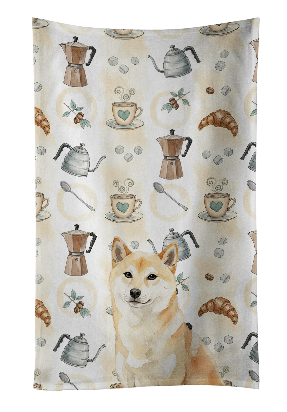 Cream Shiba Inu Coffee Bar Kitchen Towel Velour Plush Front and Cotton Loop Back Machine Washable