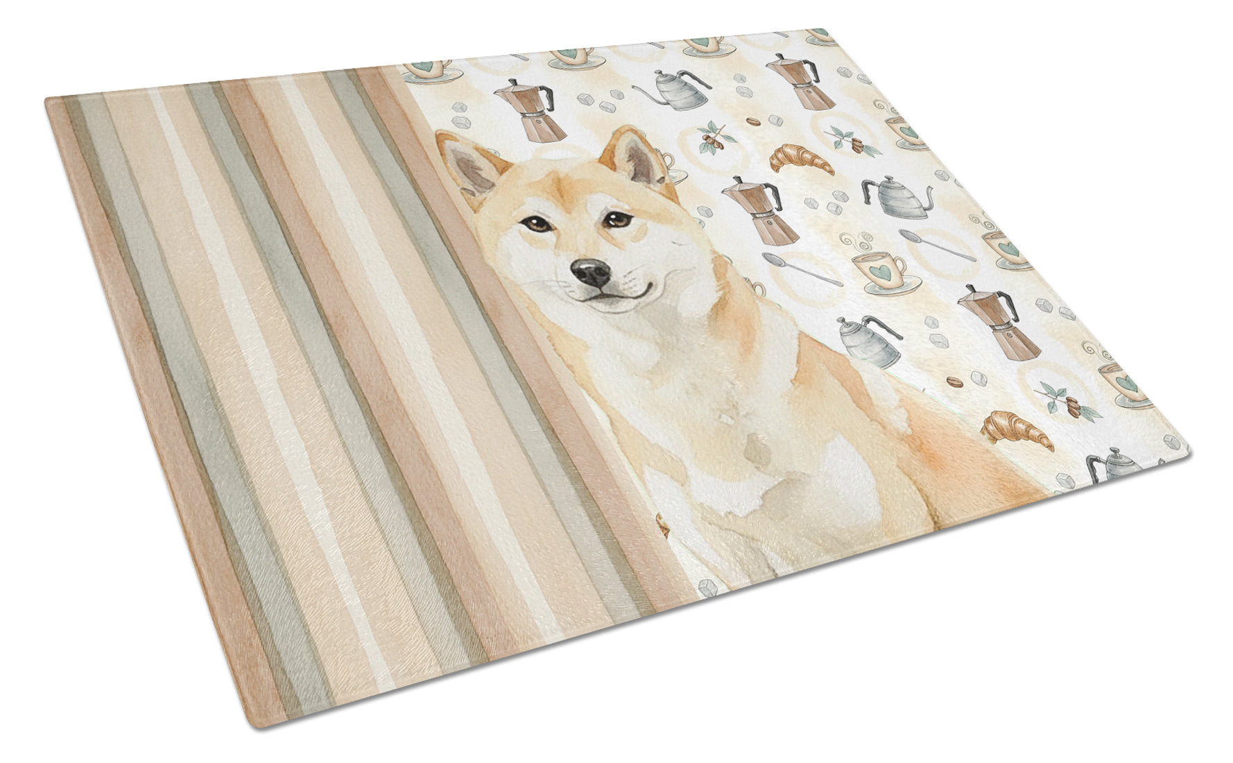 Cream Shiba Inu Coffee Bar Cutting Board Tempered Glass Kitchen Cutting Surface, Heat Resistant Chopping, Non-Slip Feet, Food Prep & Serving