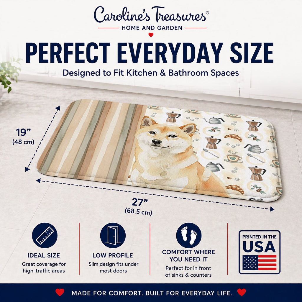 Cream Shiba Inu Coffee Bar Memory Foam Kitchen Mat Machine Washable Anti-Fatigue Cushion Comfort Bath or Kitchen Rug