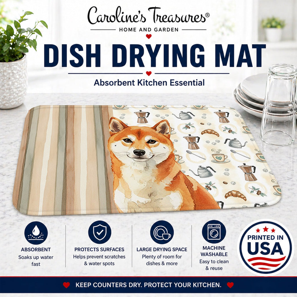 Red Shiba Inu Coffee Bar Dish Drying Mat Absorbent Dish Drying Mat Pad for Kitchen Counter Dish Drainer Mat for Countertop, 14 x 21", Multicolor