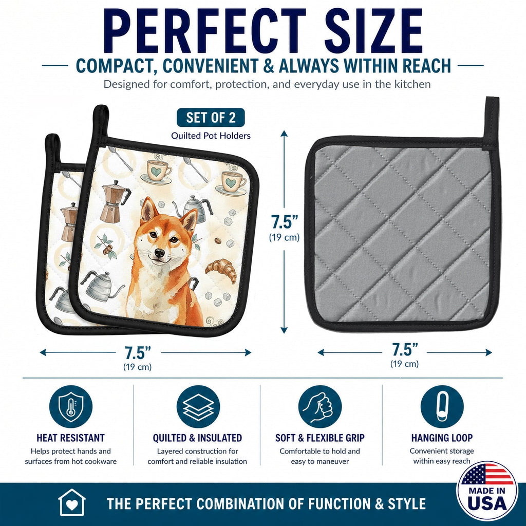 Red Shiba Inu Coffee Bar Pot Holder Set of 2 Heat Resistant Quilted Hot Pads 7.5 x 7.5 Inch, Insulated Kitchen Trivets for Cooking & Baking