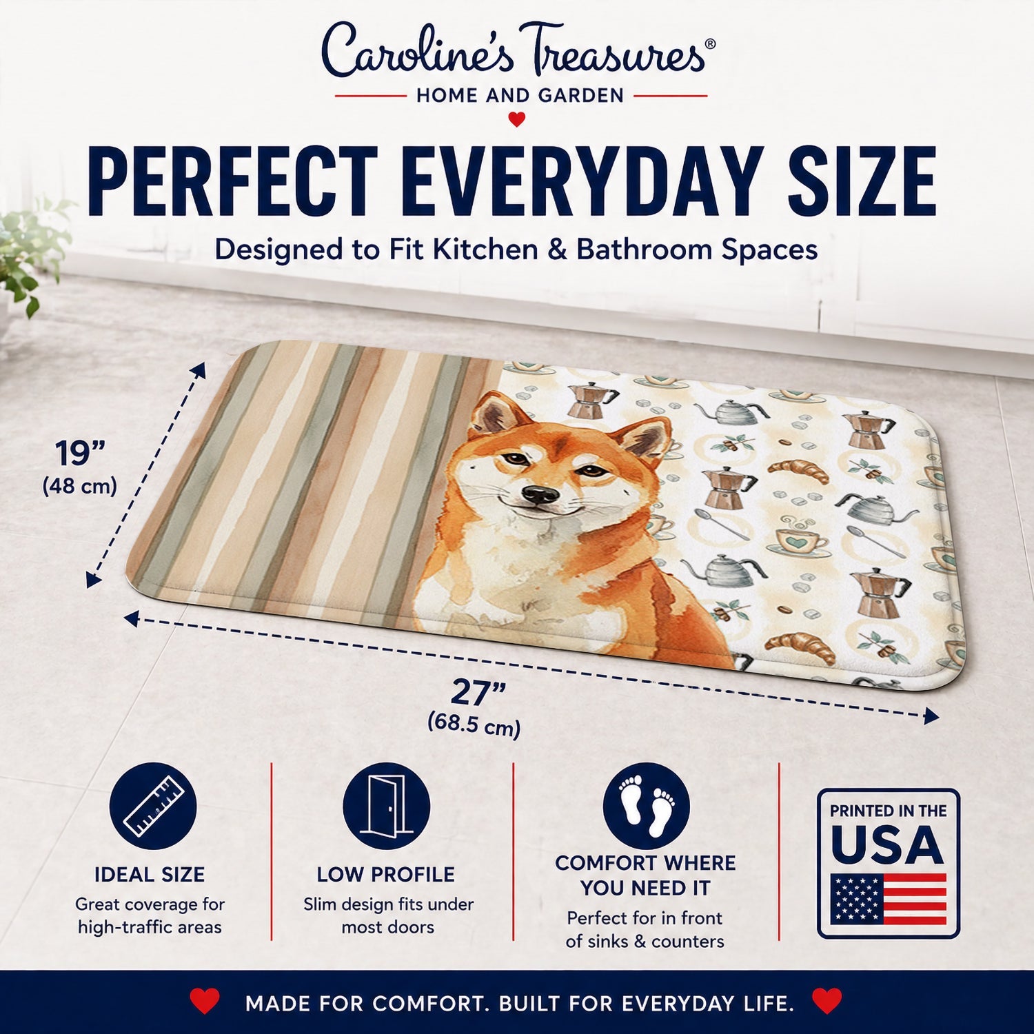 Red Shiba Inu Coffee Bar Memory Foam Kitchen Mat Machine Washable Anti-Fatigue Cushion Comfort Bath or Kitchen Rug