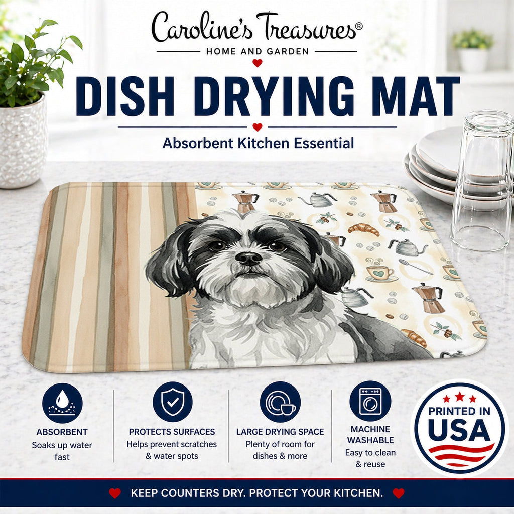 Black and White Shih Tzu Coffee Bar Dish Drying Mat Absorbent Dish Drying Mat Pad for Kitchen Counter Dish Drainer Mat for Countertop, 14 x 21", Multicolor