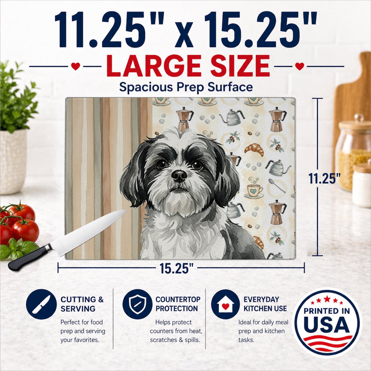Black and White Shih Tzu Coffee Bar Cutting Board Tempered Glass Kitchen Cutting Surface, Heat Resistant Chopping, Non-Slip Feet, Food Prep & Serving