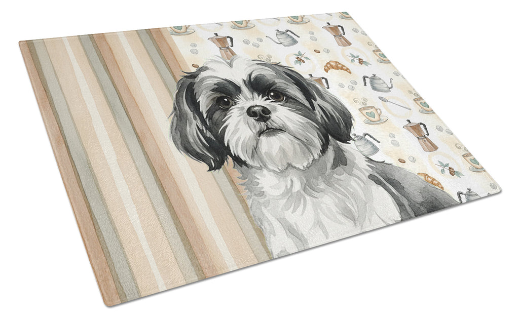 Black and White Shih Tzu Coffee Bar Cutting Board Tempered Glass Kitchen Cutting Surface, Heat Resistant Chopping, Non-Slip Feet, Food Prep & Serving
