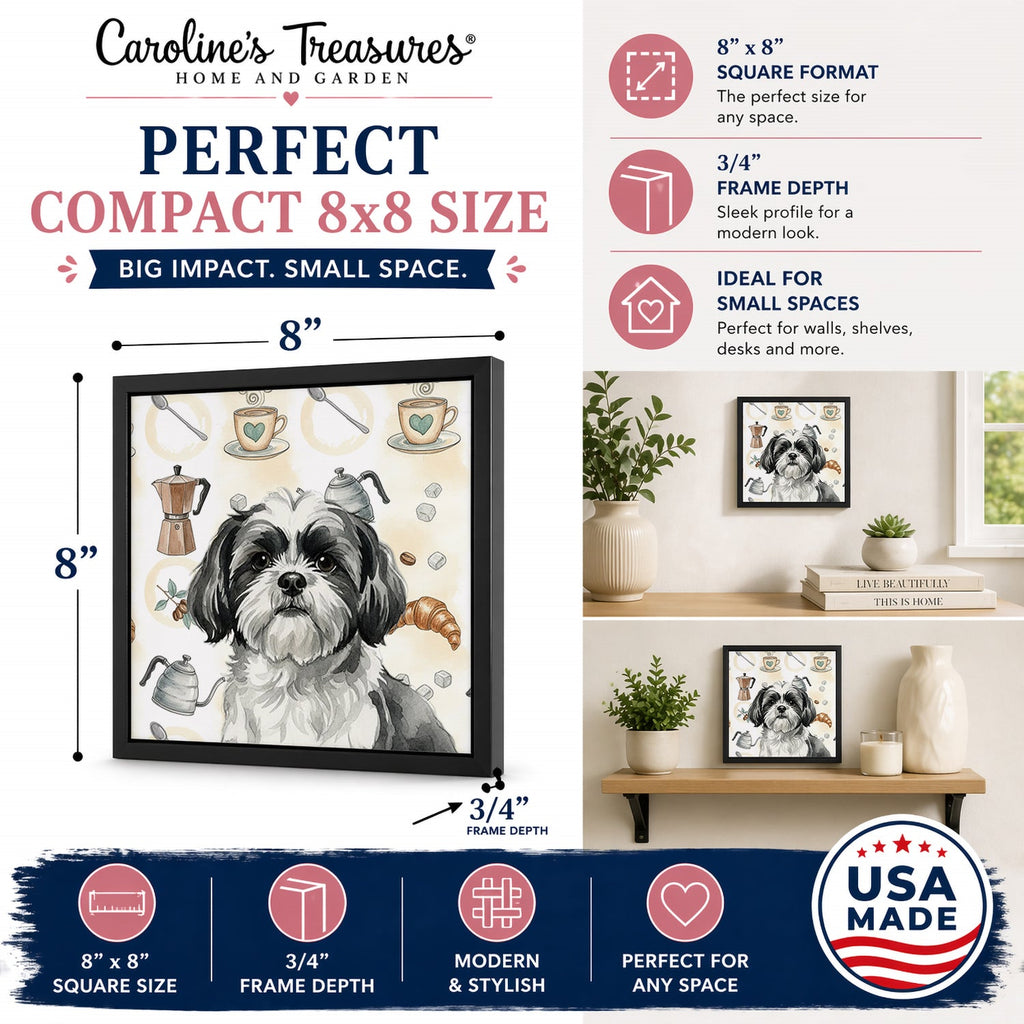 Black and White Shih Tzu Coffee Bar Framed Metal Print Bathroom, Kitchen, Office, Home Decor Wall Art Ready to Hang, Square, 8X8