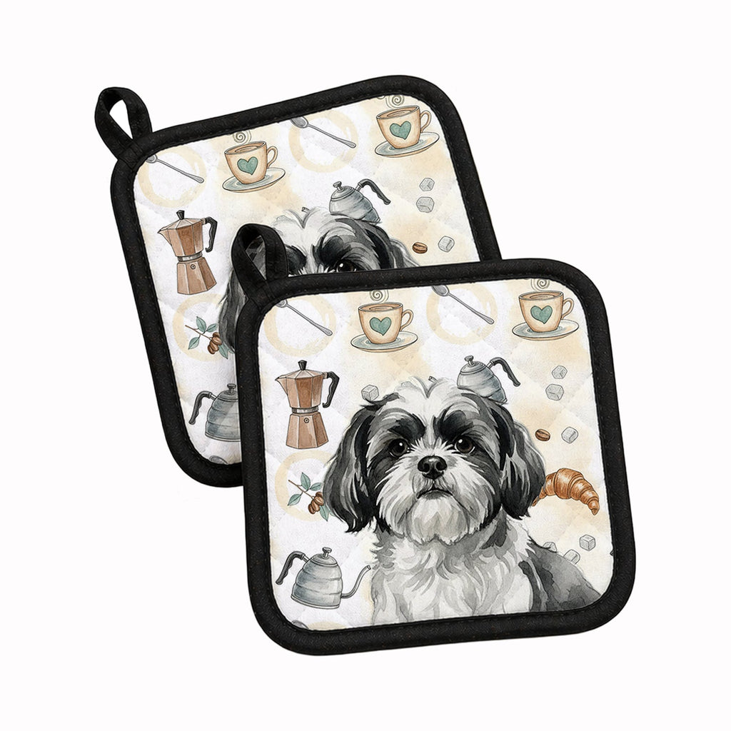 Black and White Shih Tzu Coffee Bar Pot Holder Set of 2 Heat Resistant Quilted Hot Pads 7.5 x 7.5 Inch, Insulated Kitchen Trivets for Cooking & Baking