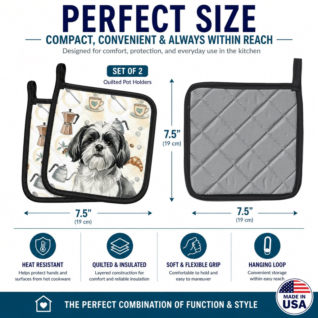 Black and White Shih Tzu Coffee Bar Pot Holder Set of 2 Heat Resistant Quilted Hot Pads 7.5 x 7.5 Inch, Insulated Kitchen Trivets for Cooking & Baking