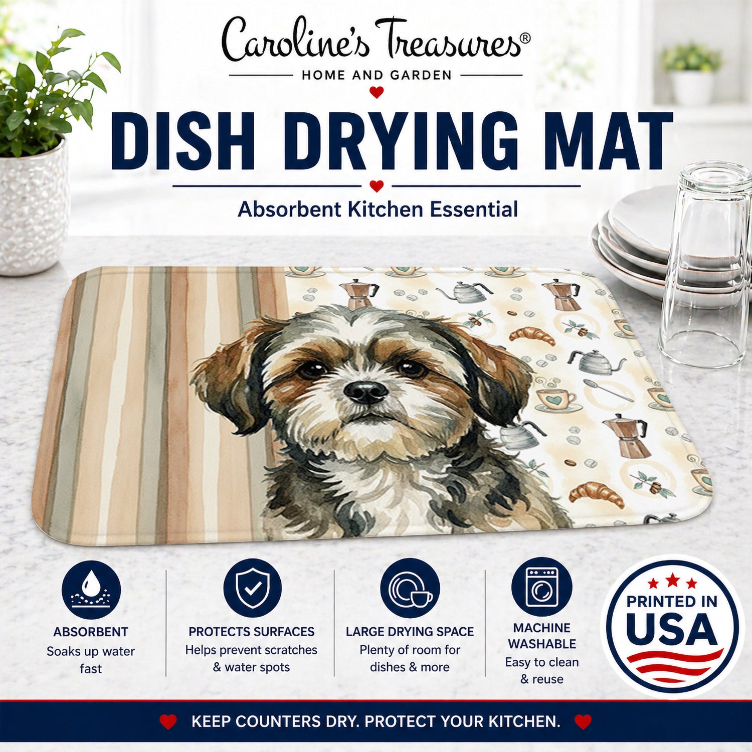 Brindle Shih Tzu Coffee Bar Dish Drying Mat Absorbent Dish Drying Mat Pad for Kitchen Counter Dish Drainer Mat for Countertop, 14 x 21", Multicolor