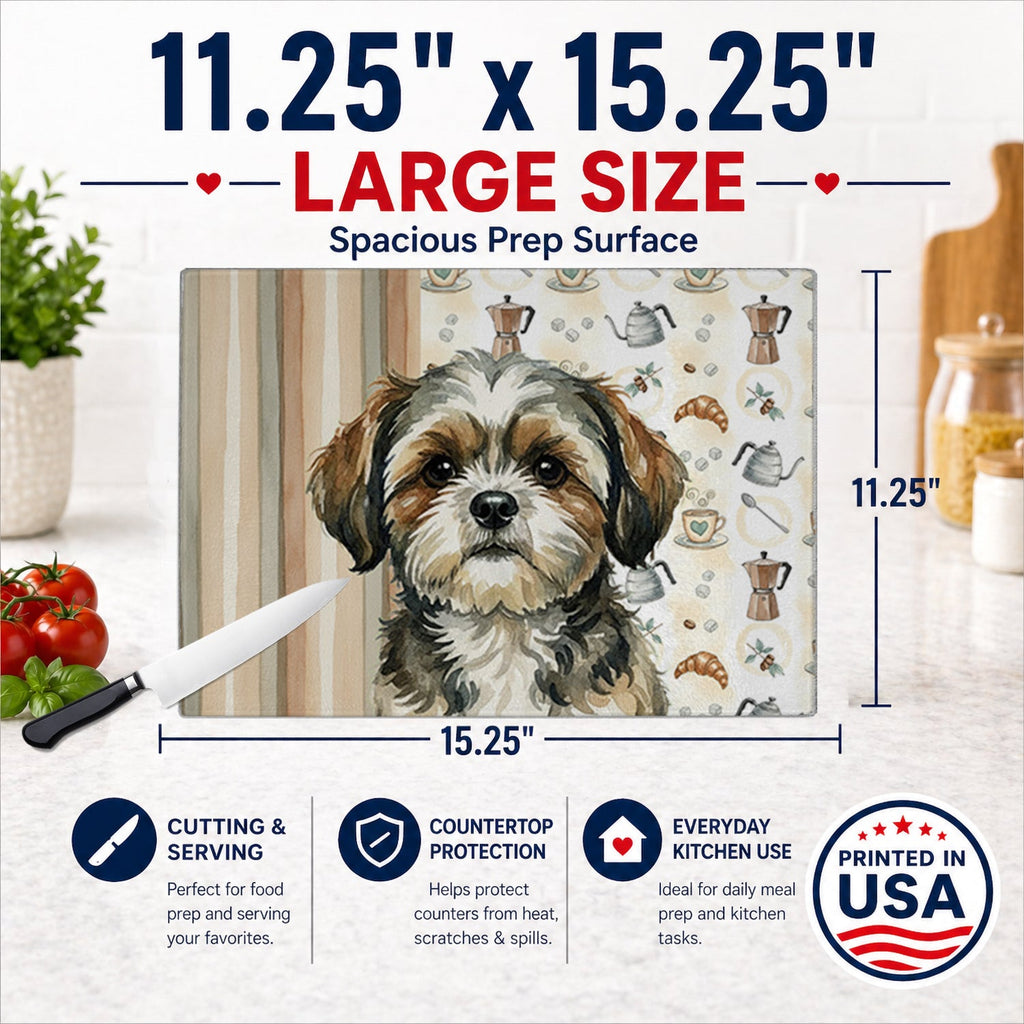 Brindle Shih Tzu Coffee Bar Cutting Board Tempered Glass Kitchen Cutting Surface, Heat Resistant Chopping, Non-Slip Feet, Food Prep & Serving