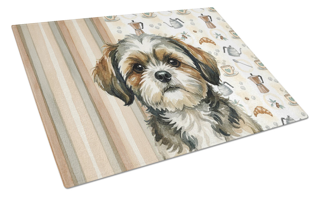 Brindle Shih Tzu Coffee Bar Cutting Board Tempered Glass Kitchen Cutting Surface, Heat Resistant Chopping, Non-Slip Feet, Food Prep & Serving