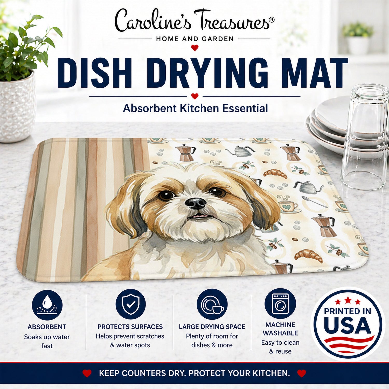 Gold and White Shih Tzu Coffee Bar Dish Drying Mat Absorbent Dish Drying Mat Pad for Kitchen Counter Dish Drainer Mat for Countertop, 14 x 21", Multicolor