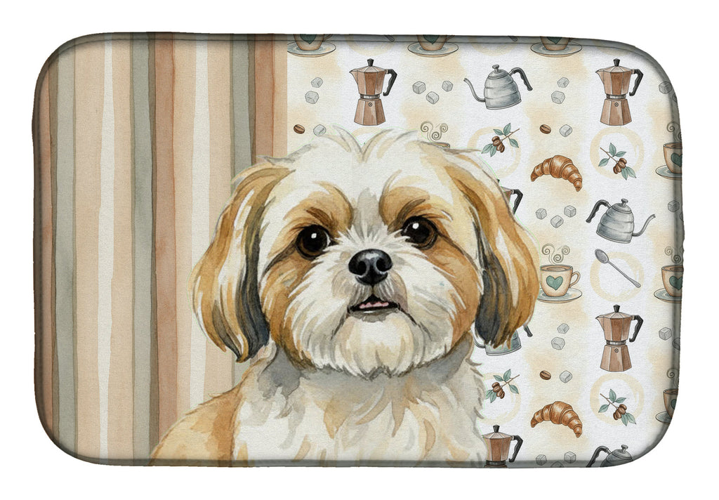 Gold and White Shih Tzu Coffee Bar Dish Drying Mat Absorbent Dish Drying Mat Pad for Kitchen Counter Dish Drainer Mat for Countertop, 14 x 21", Multicolor