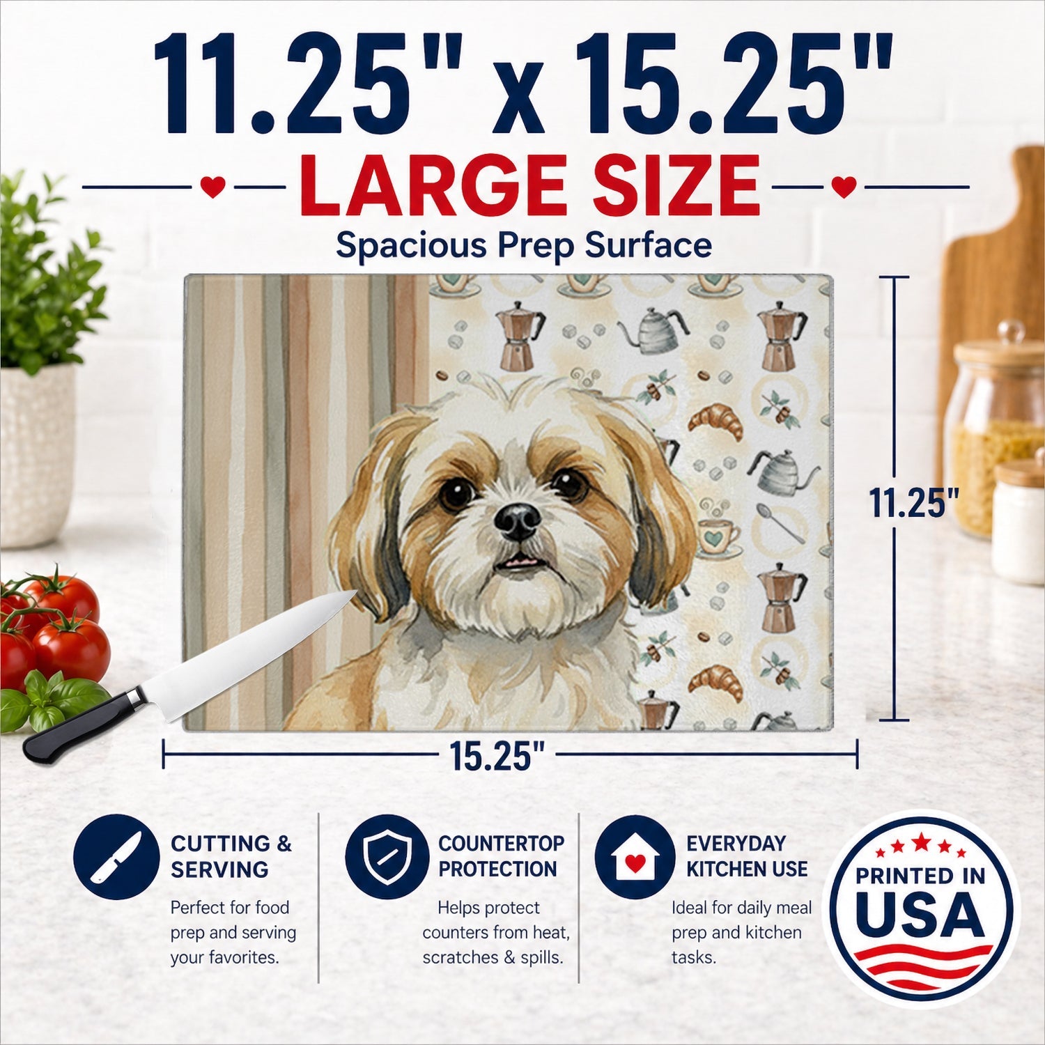 Gold and White Shih Tzu Coffee Bar Cutting Board Tempered Glass Kitchen Cutting Surface, Heat Resistant Chopping, Non-Slip Feet, Food Prep & Serving