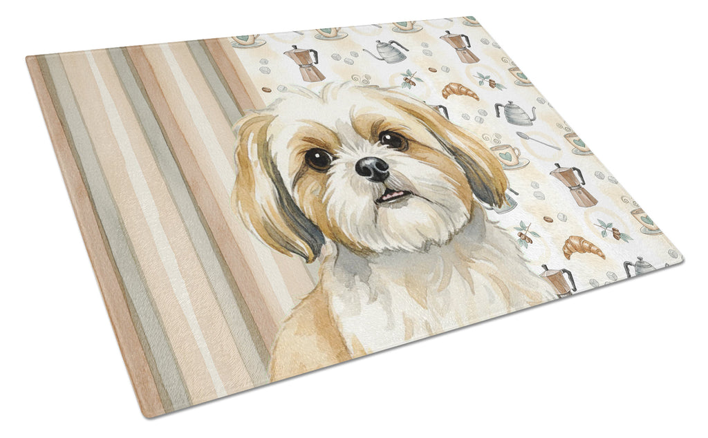 Gold and White Shih Tzu Coffee Bar Cutting Board Tempered Glass Kitchen Cutting Surface, Heat Resistant Chopping, Non-Slip Feet, Food Prep & Serving