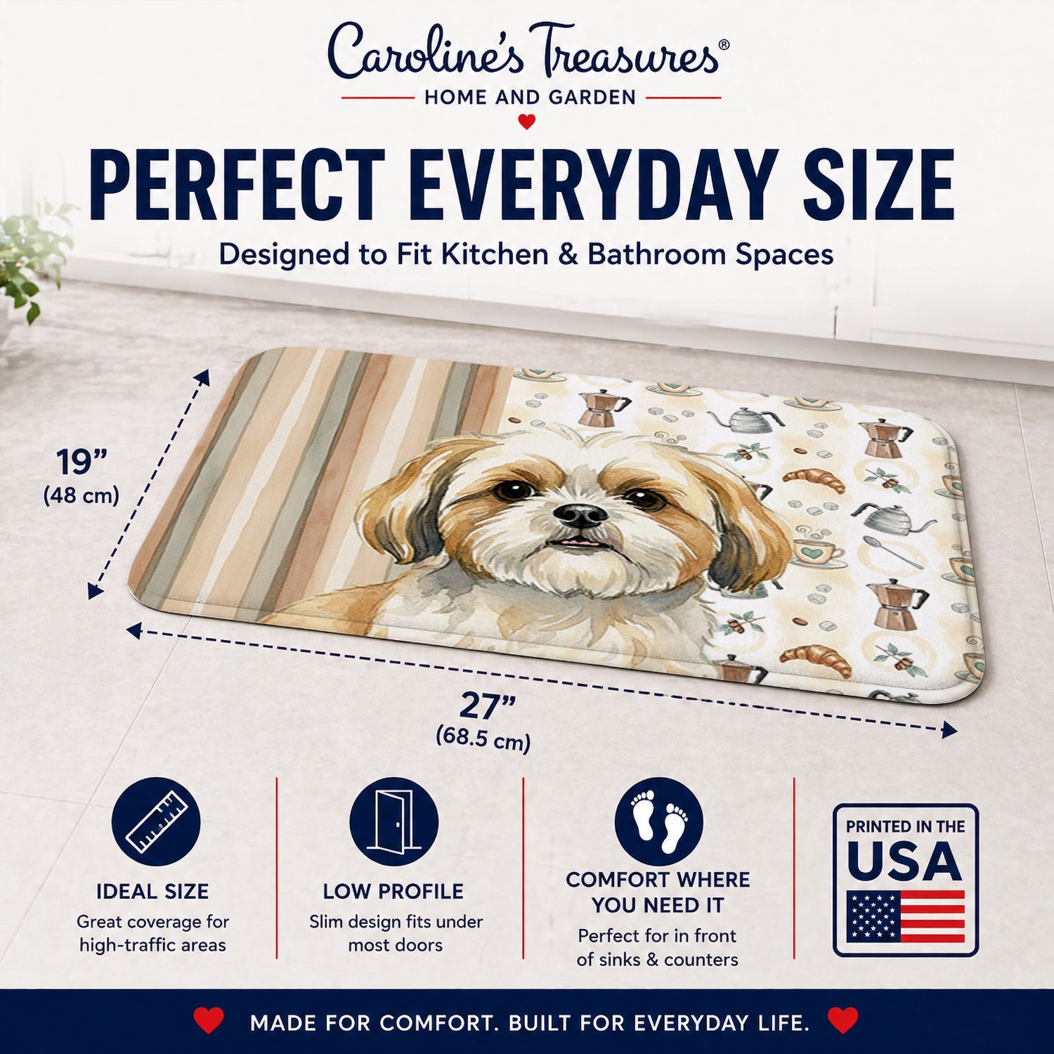 Gold and White Shih Tzu Coffee Bar Memory Foam Kitchen Mat Machine Washable Anti-Fatigue Cushion Comfort Bath or Kitchen Rug