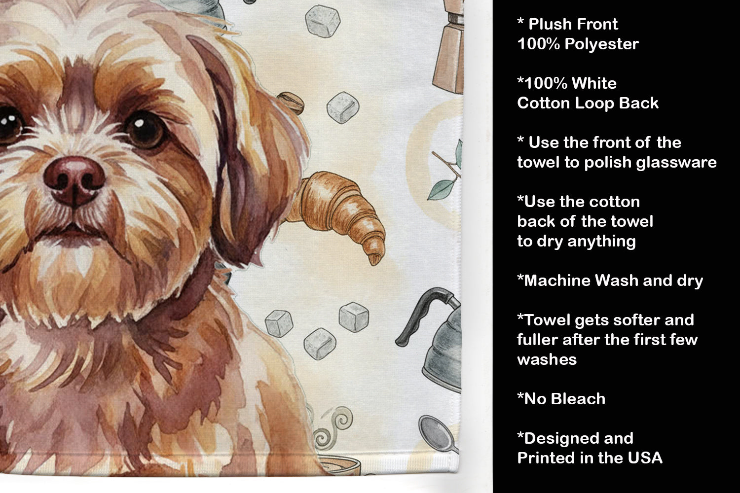 Liver Shih Tzu Coffee Bar Kitchen Towel Velour Plush Front and Cotton Loop Back Machine Washable