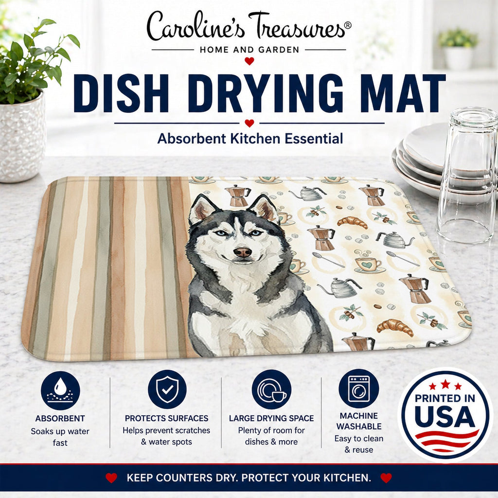 Siberian Husky Coffee Bar Dish Drying Mat Absorbent Dish Drying Mat Pad for Kitchen Counter Dish Drainer Mat for Countertop, 14 x 21", Multicolor