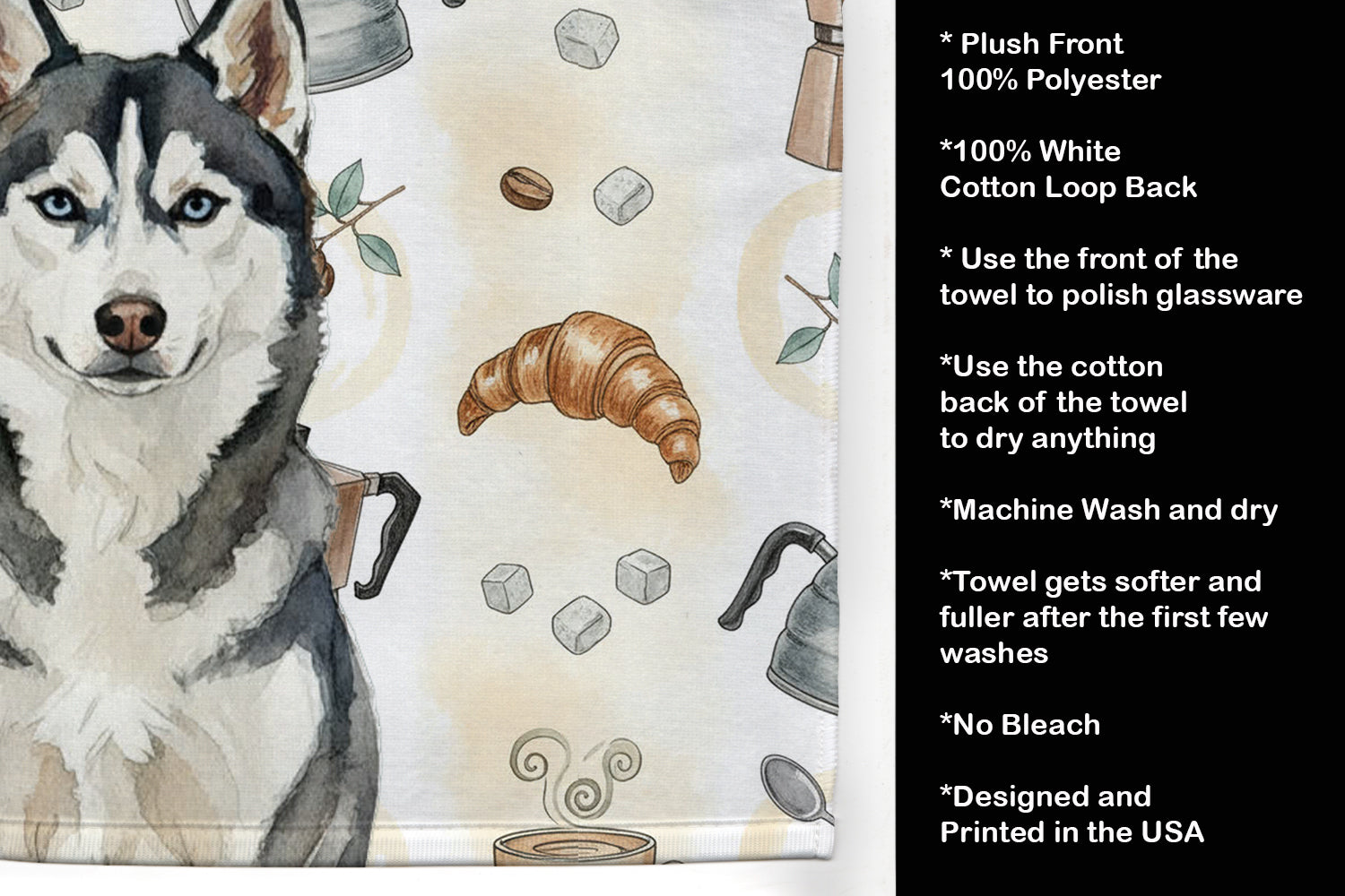 Siberian Husky Coffee Bar Kitchen Towel Velour Plush Front and Cotton Loop Back Machine Washable