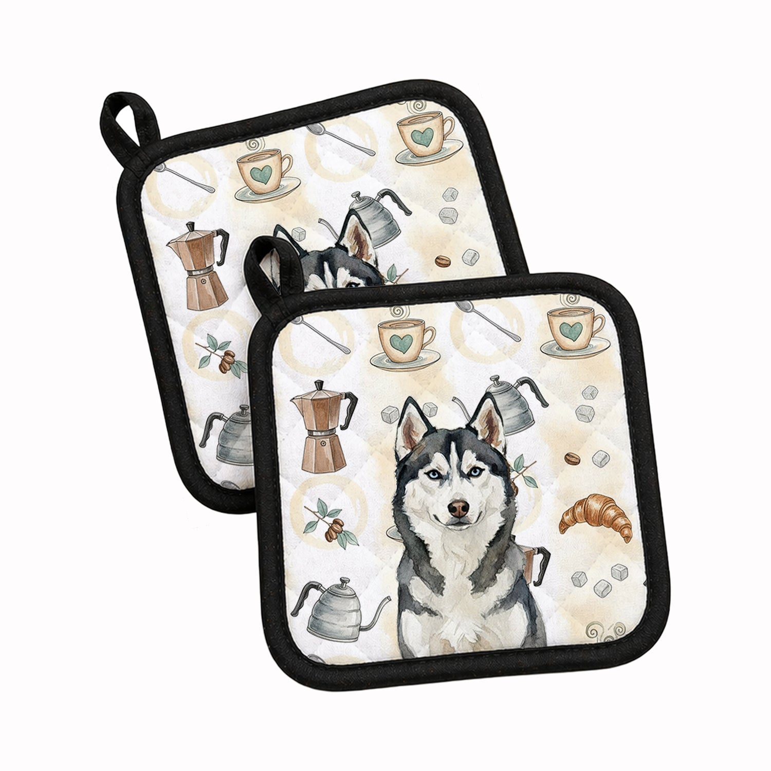 Siberian Husky Coffee Bar Pot Holder Set of 2 Heat Resistant Quilted Hot Pads 7.5 x 7.5 Inch, Insulated Kitchen Trivets for Cooking & Baking