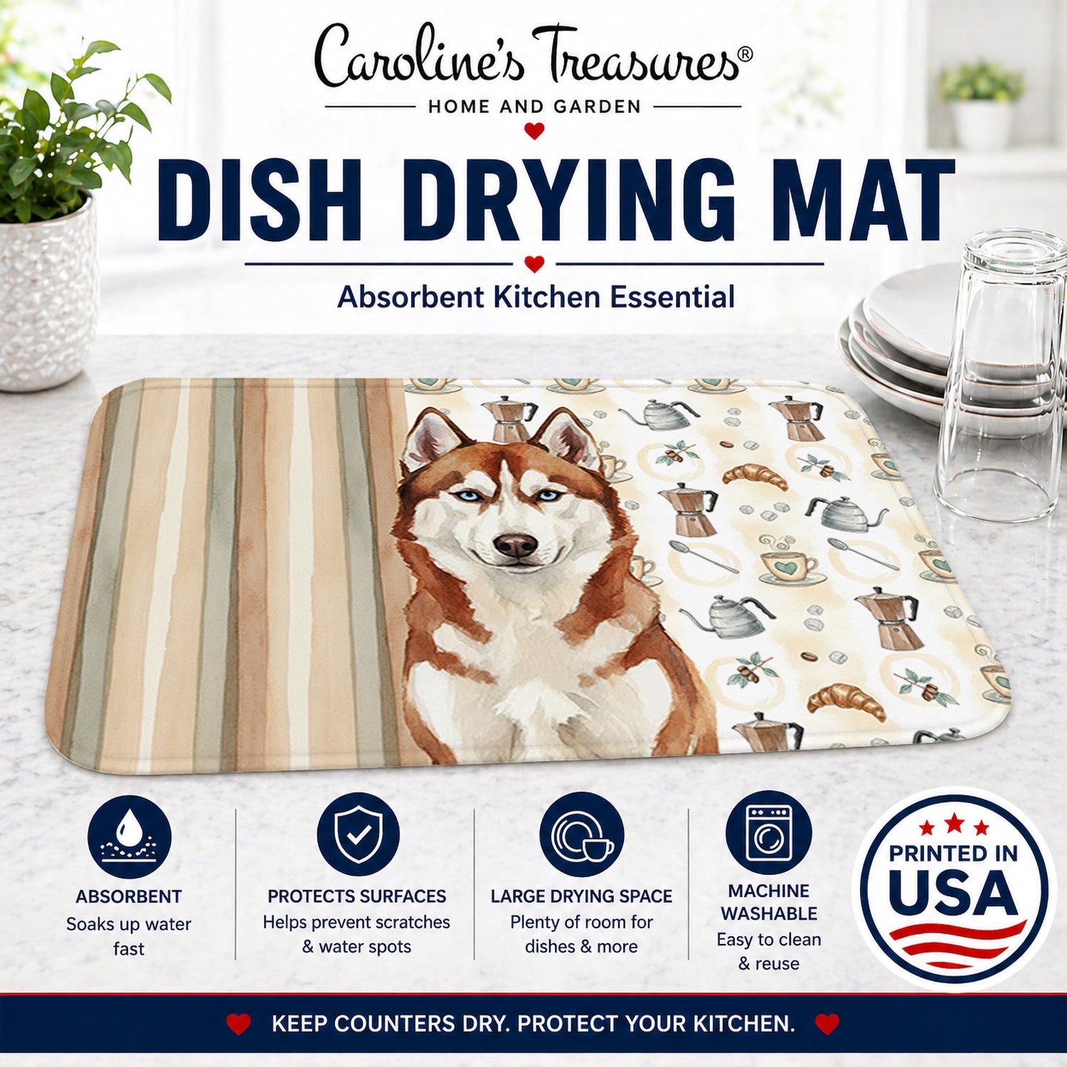 Red and White Siberian Husky Coffee Bar Dish Drying Mat Absorbent Dish Drying Mat Pad for Kitchen Counter Dish Drainer Mat for Countertop, 14 x 21", Multicolor