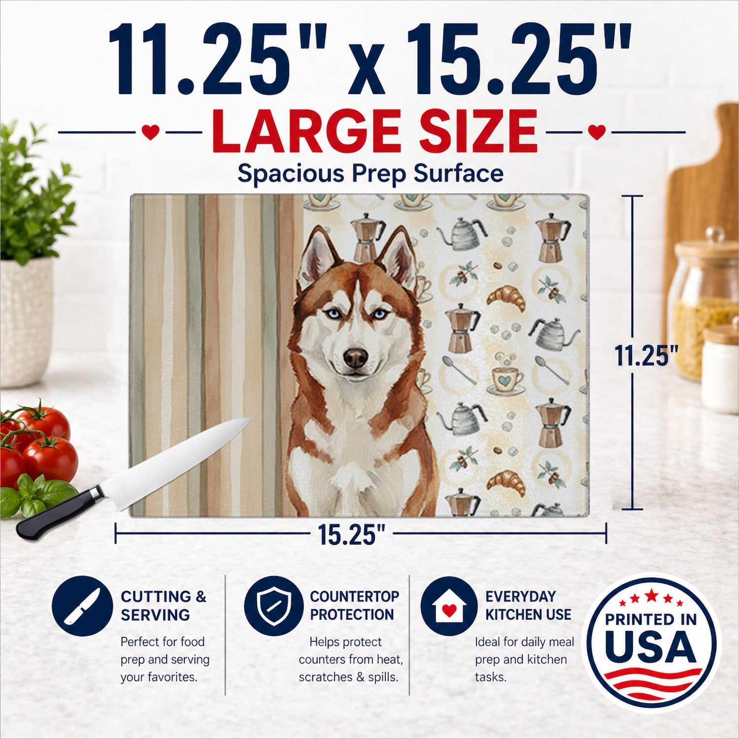 Red and White Siberian Husky Coffee Bar Cutting Board Tempered Glass Kitchen Cutting Surface, Heat Resistant Chopping, Non-Slip Feet, Food Prep & Serving