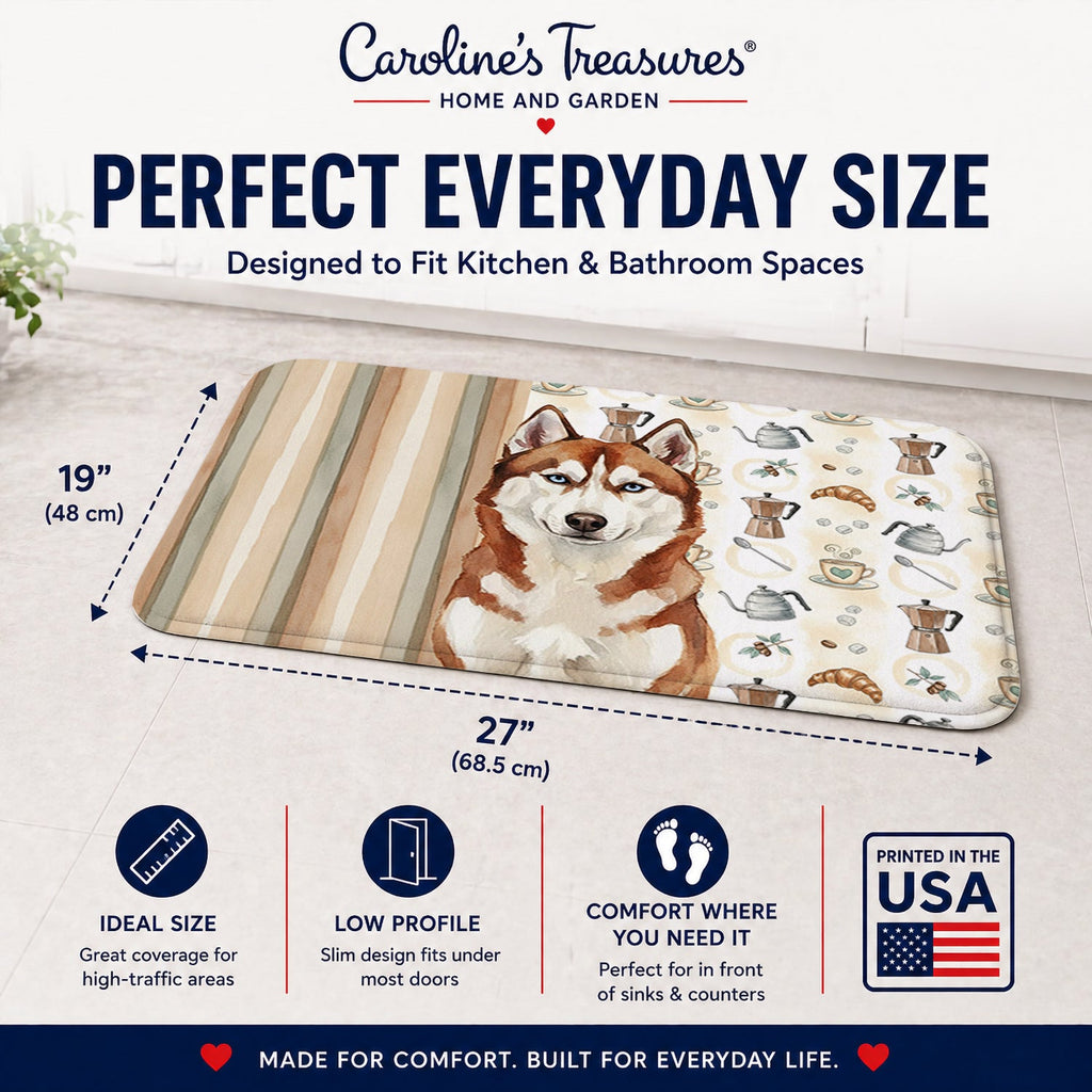 Red and White Siberian Husky Coffee Bar Memory Foam Kitchen Mat Machine Washable Anti-Fatigue Cushion Comfort Bath or Kitchen Rug