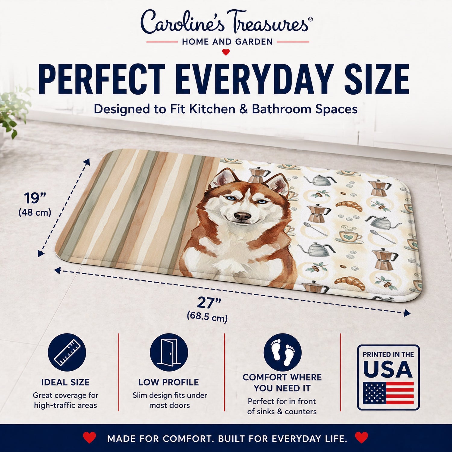 Red and White Siberian Husky Coffee Bar Memory Foam Kitchen Mat Machine Washable Anti-Fatigue Cushion Comfort Bath or Kitchen Rug