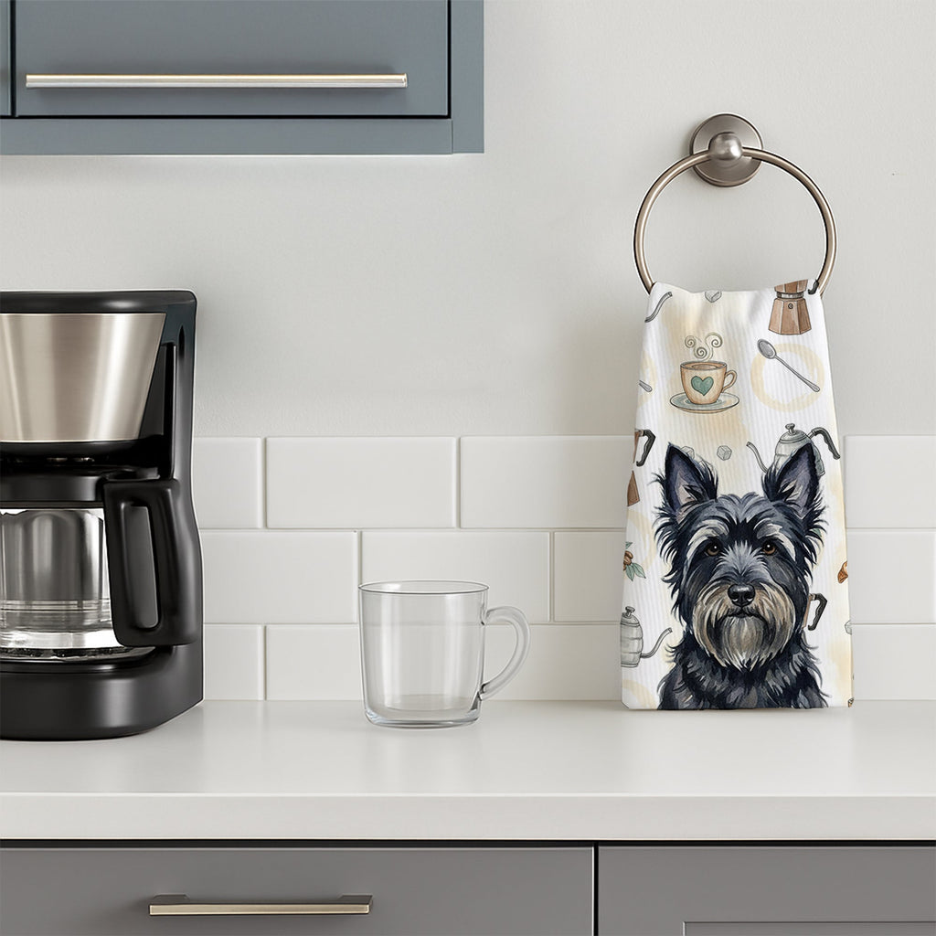 Black Skye Terrier Coffee Bar Kitchen Towel Velour Plush Front and Cotton Loop Back Machine Washable