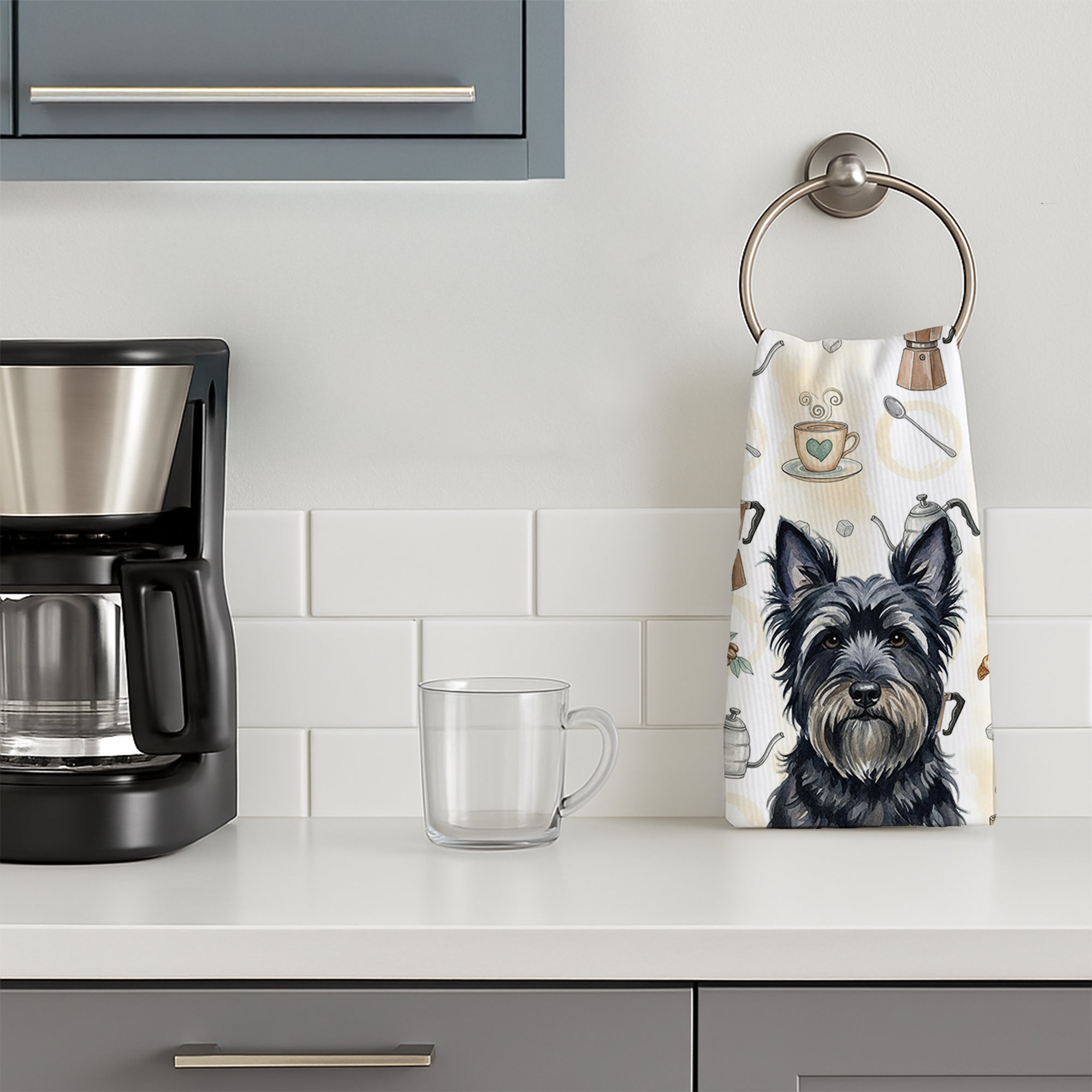 Black Skye Terrier Coffee Bar Kitchen Towel Velour Plush Front and Cotton Loop Back Machine Washable