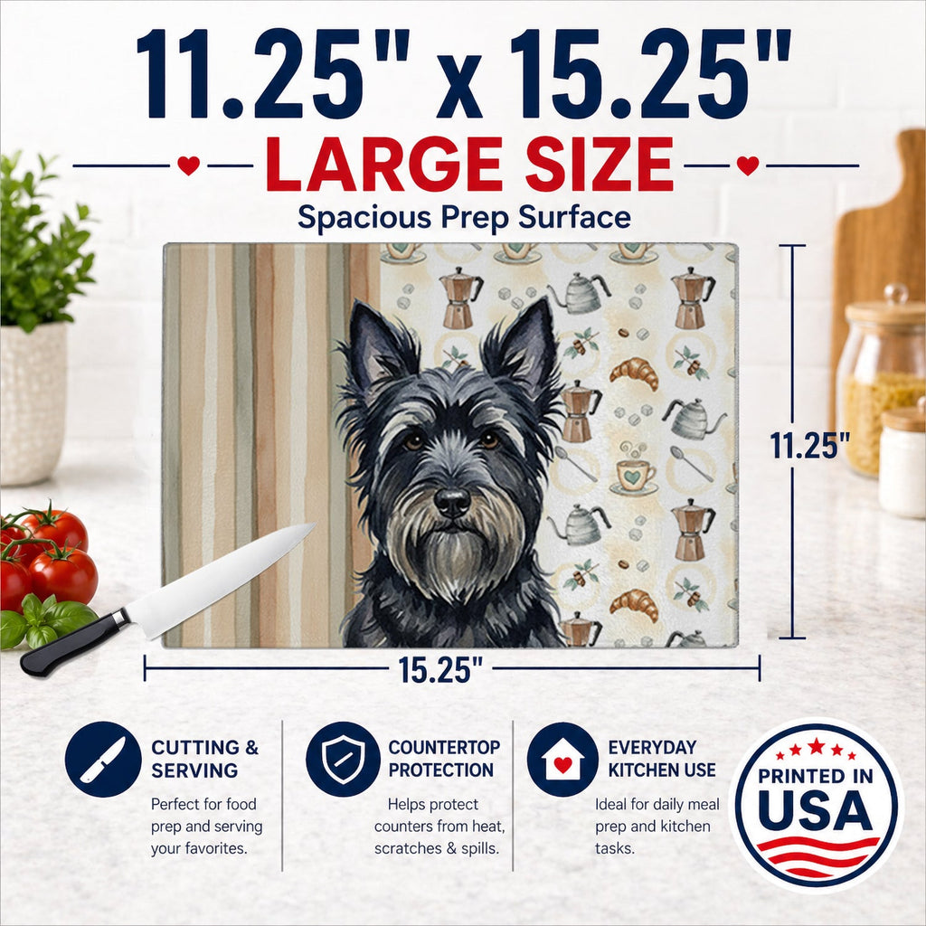 Black Skye Terrier Coffee Bar Cutting Board Tempered Glass Kitchen Cutting Surface, Heat Resistant Chopping, Non-Slip Feet, Food Prep & Serving