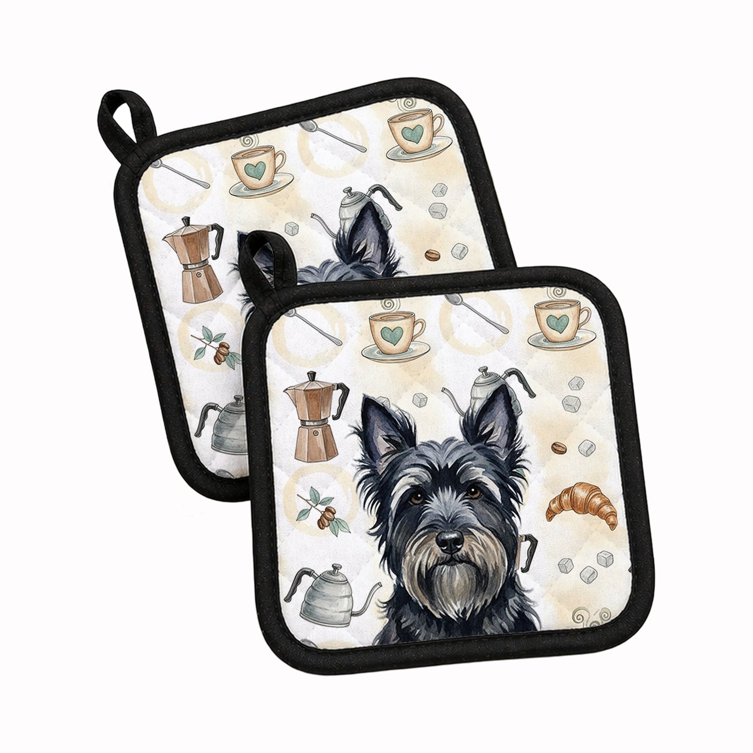Black Skye Terrier Coffee Bar Pot Holder Set of 2 Heat Resistant Quilted Hot Pads 7.5 x 7.5 Inch, Insulated Kitchen Trivets for Cooking & Baking