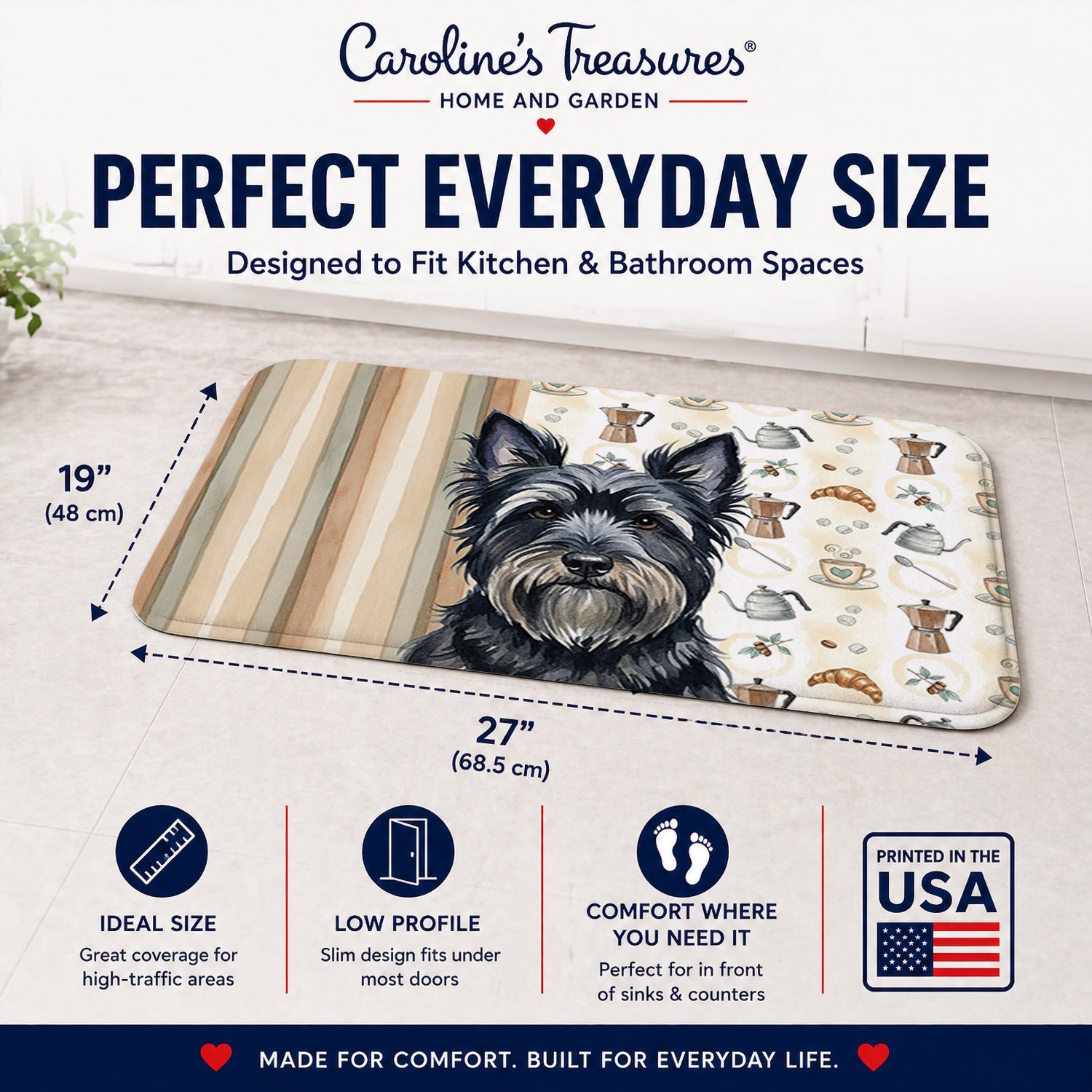 Black Skye Terrier Coffee Bar Memory Foam Kitchen Mat Machine Washable Anti-Fatigue Cushion Comfort Bath or Kitchen Rug