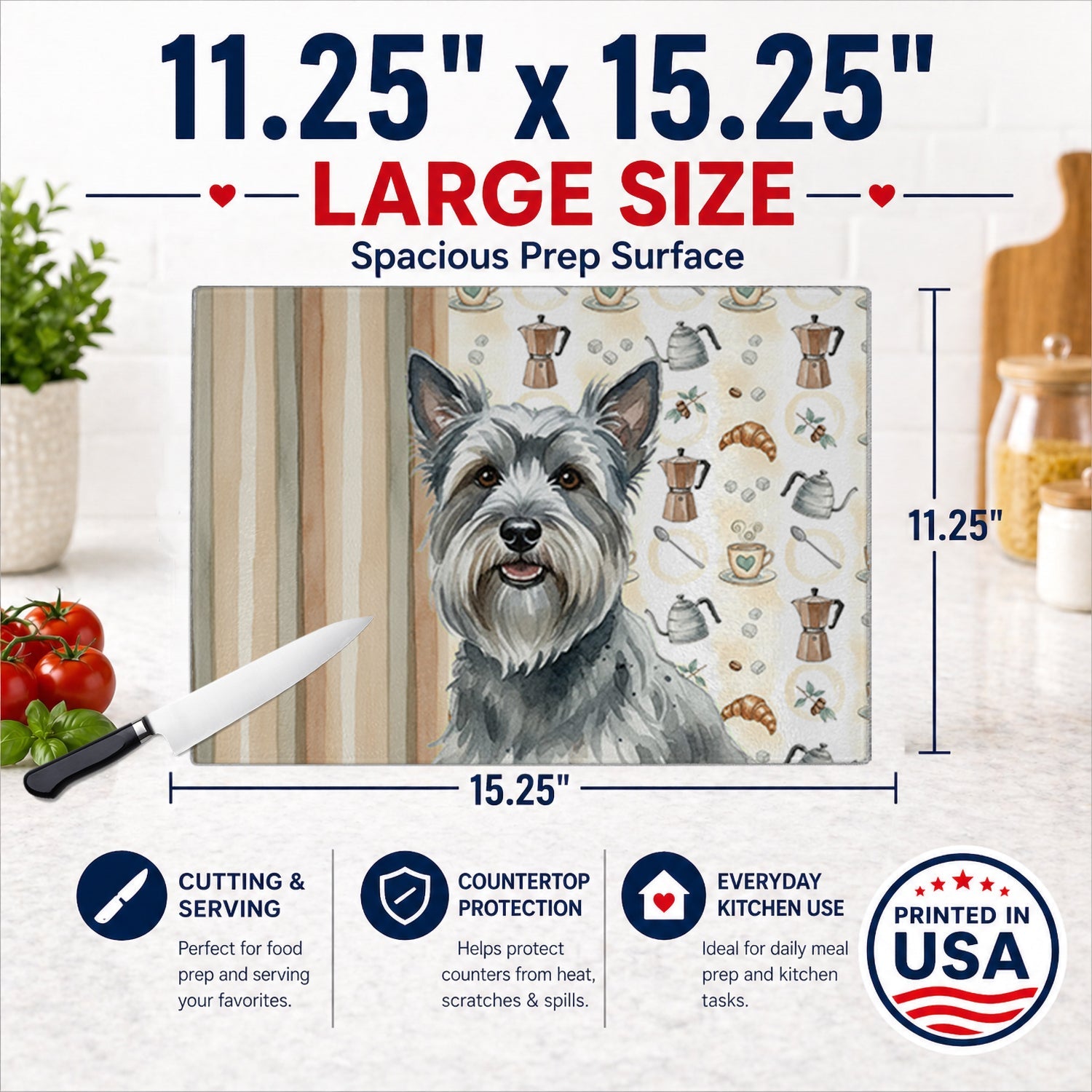 Gray Skye Terrier Coffee Bar Cutting Board Tempered Glass Kitchen Cutting Surface, Heat Resistant Chopping, Non-Slip Feet, Food Prep & Serving