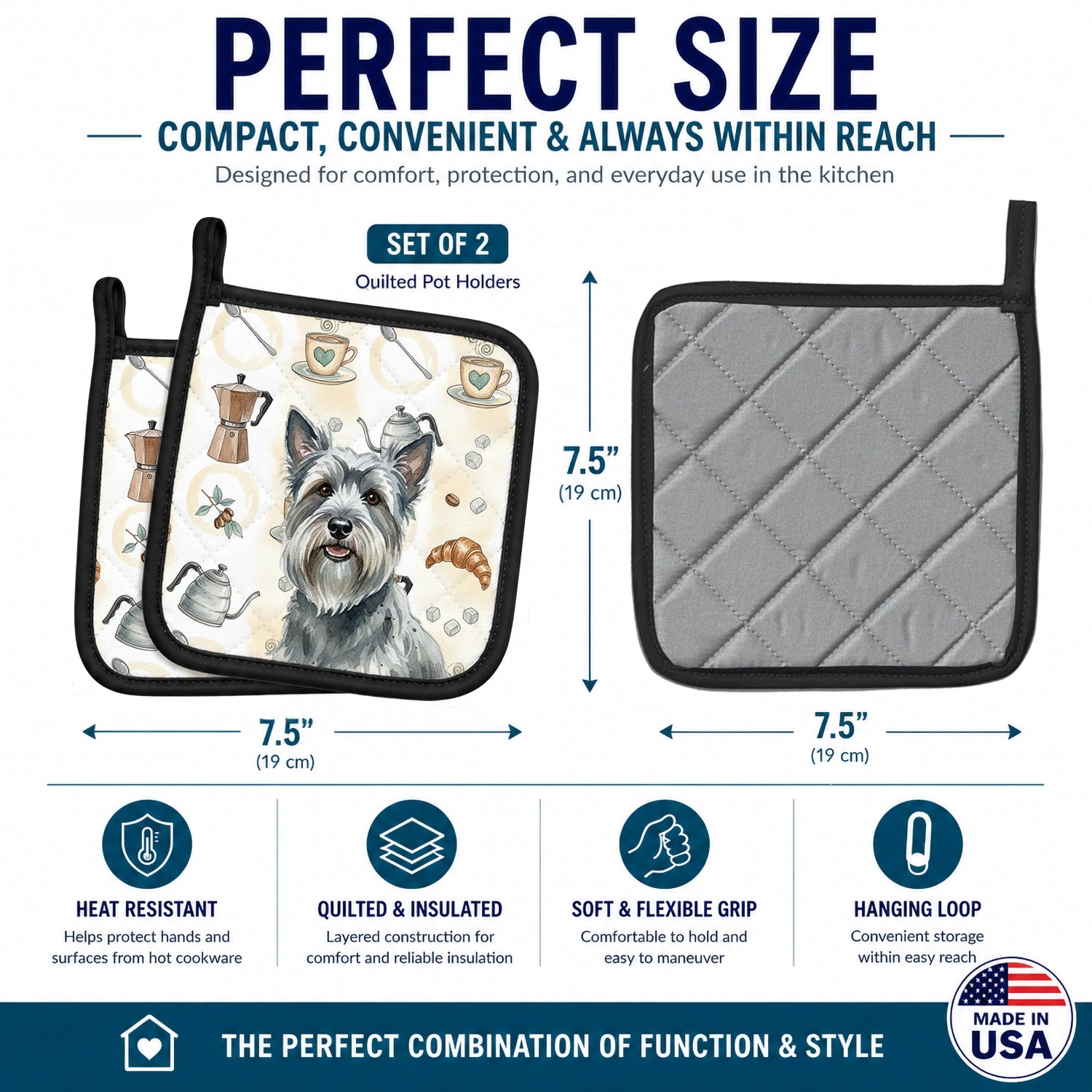 Gray Skye Terrier Coffee Bar Pot Holder Set of 2 Heat Resistant Quilted Hot Pads 7.5 x 7.5 Inch, Insulated Kitchen Trivets for Cooking & Baking