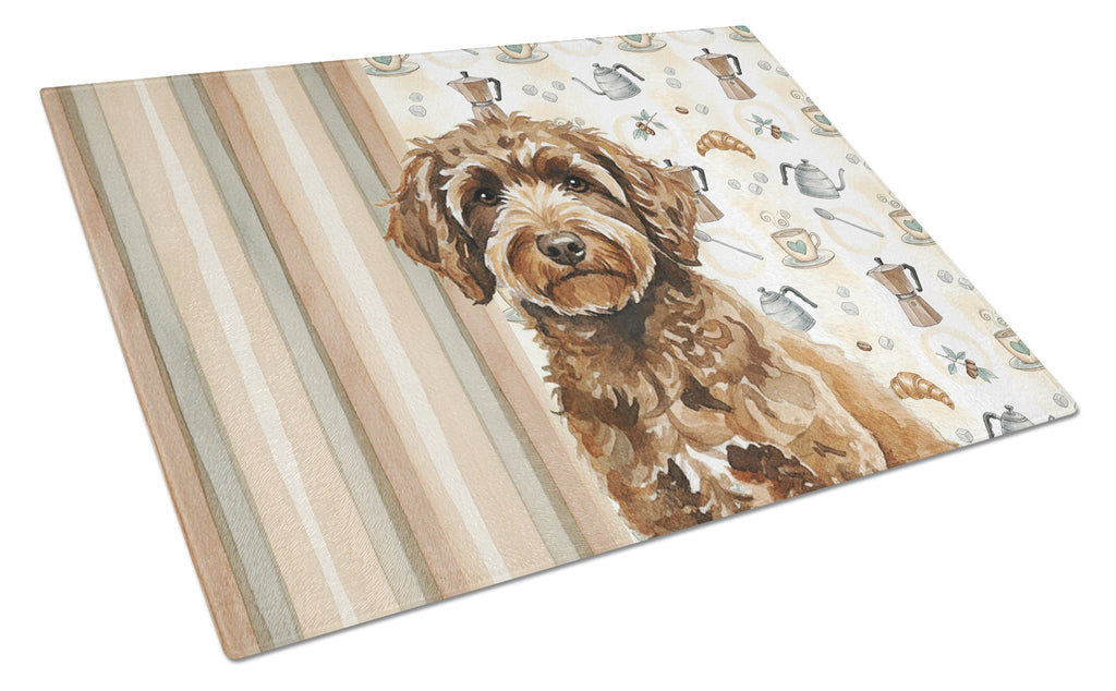 Spanish Water Dog Coffee Bar Cutting Board Tempered Glass Kitchen Cutting Surface, Heat Resistant Chopping, Non-Slip Feet, Food Prep & Serving