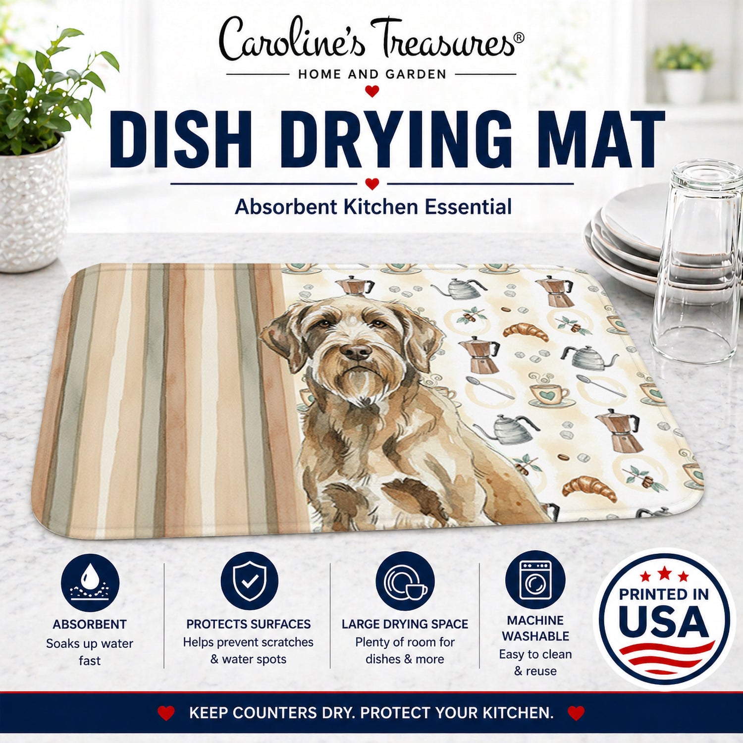 Spinone Italiano Coffee Bar Dish Drying Mat Absorbent Dish Drying Mat Pad for Kitchen Counter Dish Drainer Mat for Countertop, 14 x 21", Multicolor