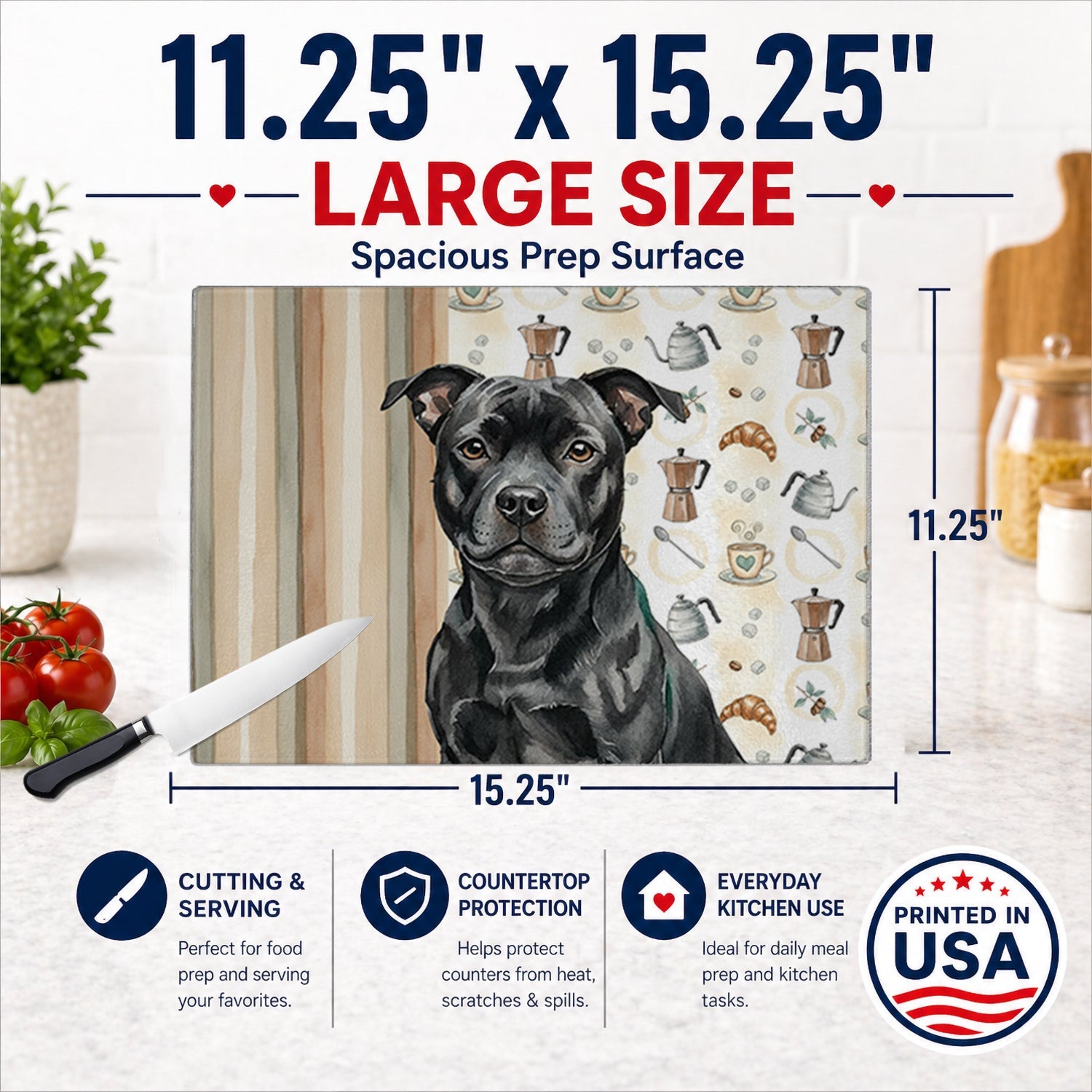 Black Staffordshire Bull Terrier Coffee Bar Cutting Board Tempered Glass Kitchen Cutting Surface, Heat Resistant Chopping, Non-Slip Feet, Food Prep & Serving