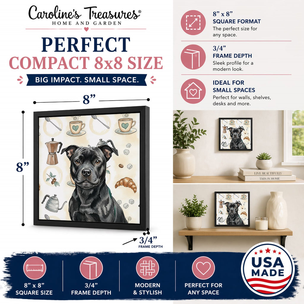 Black Staffordshire Bull Terrier Coffee Bar Framed Metal Print Bathroom, Kitchen, Office, Home Decor Wall Art Ready to Hang, Square, 8X8