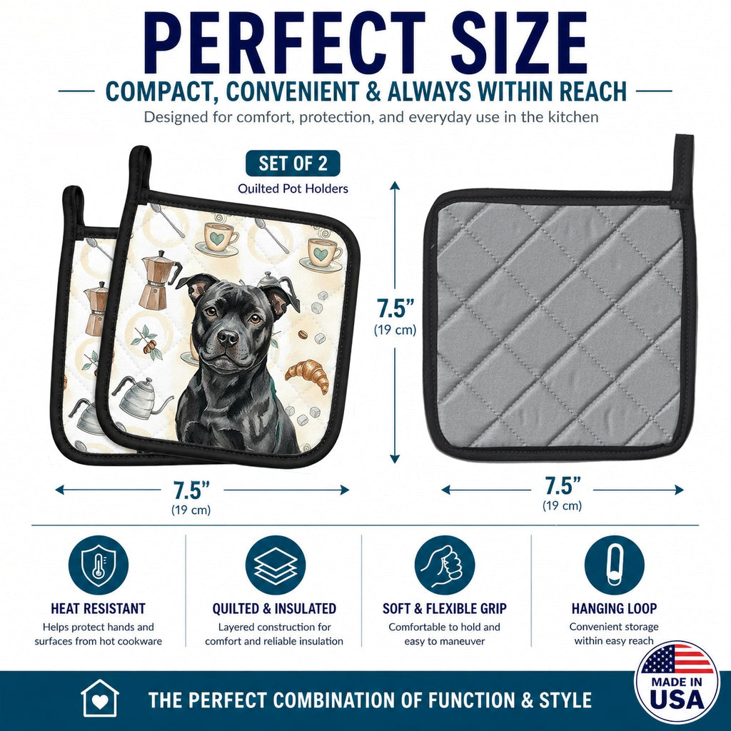 Black Staffordshire Bull Terrier Coffee Bar Pot Holder Set of 2 Heat Resistant Quilted Hot Pads 7.5 x 7.5 Inch, Insulated Kitchen Trivets for Cooking & Baking