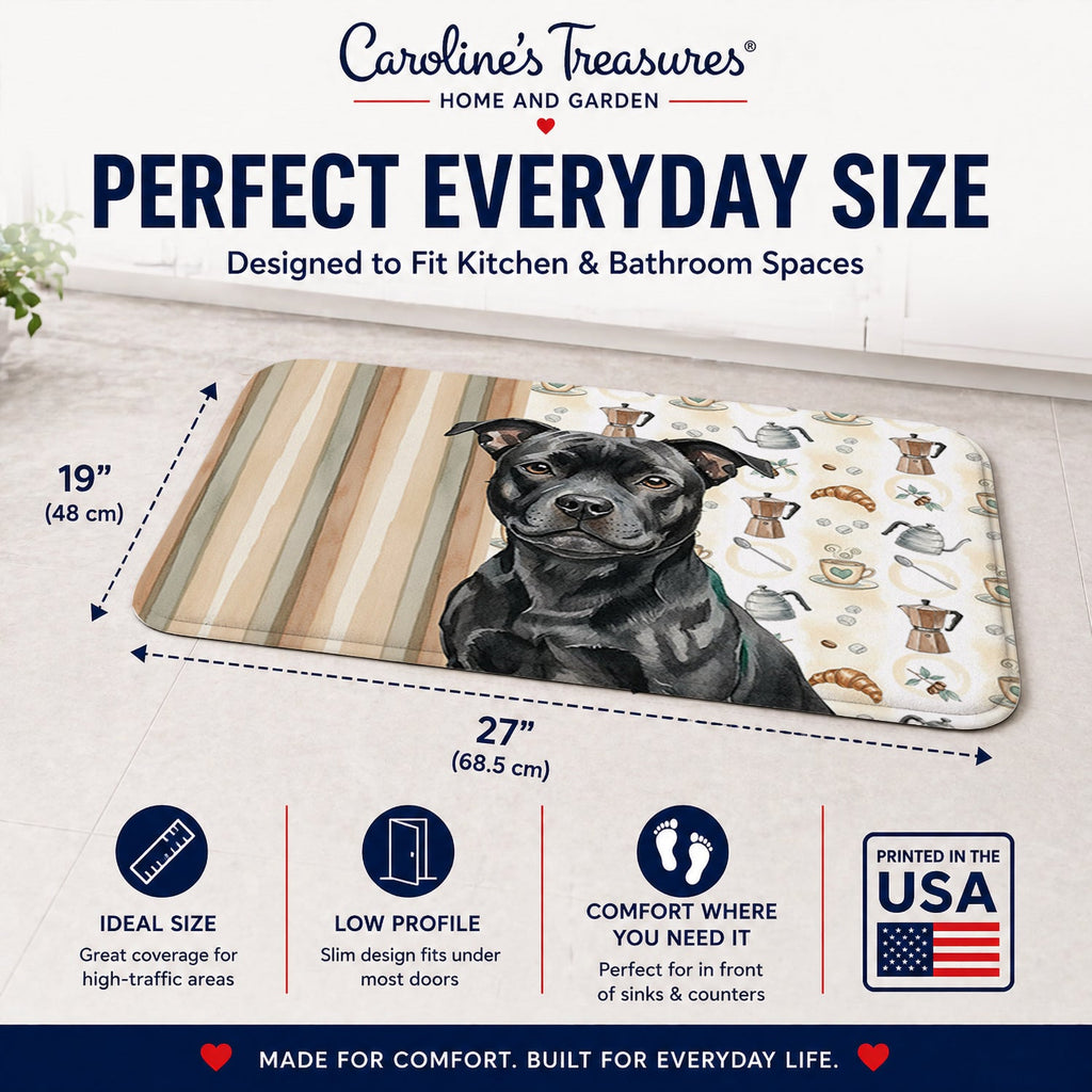 Black Staffordshire Bull Terrier Coffee Bar Memory Foam Kitchen Mat Machine Washable Anti-Fatigue Cushion Comfort Bath or Kitchen Rug