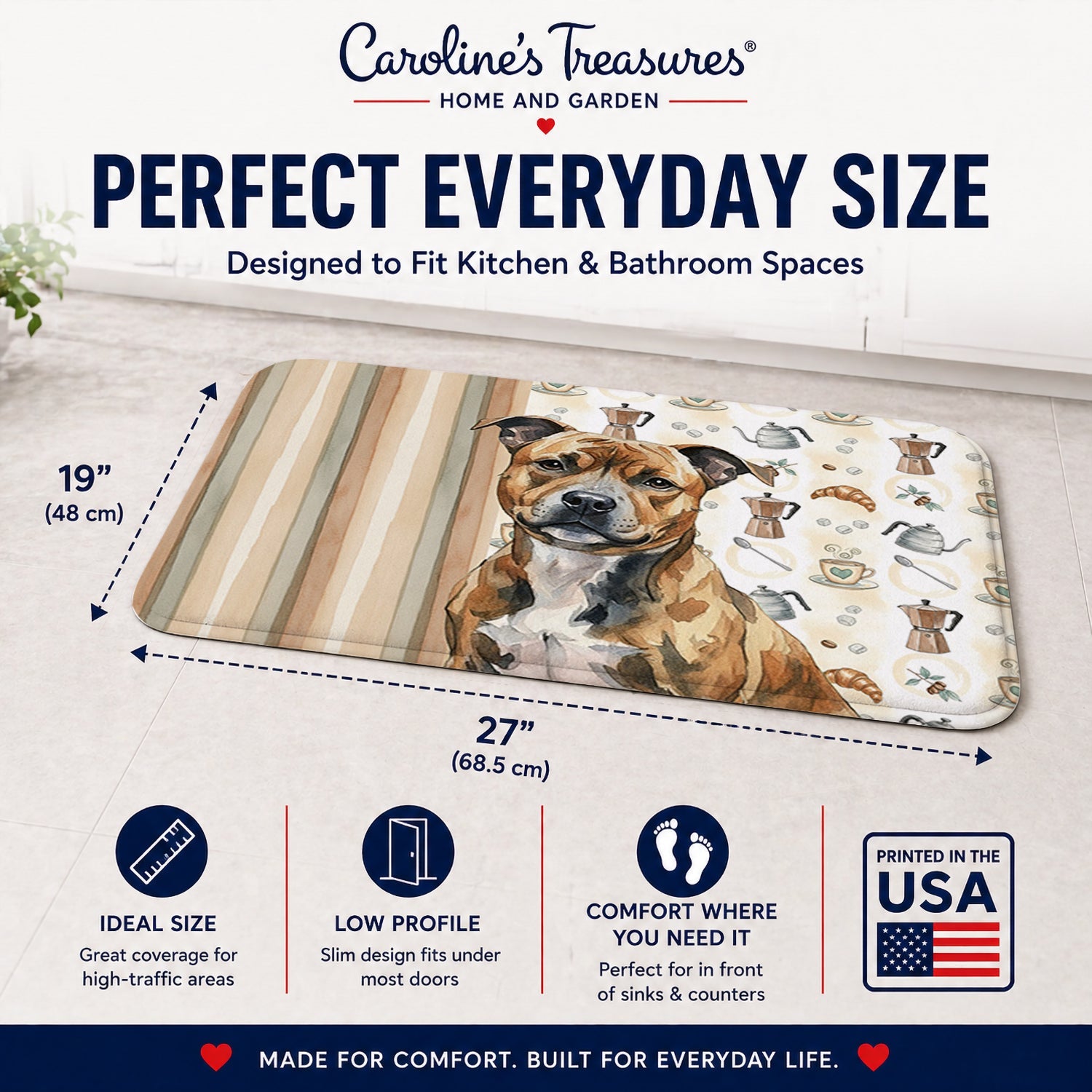 Brindle Staffordshire Bull Terrier Coffee Bar Memory Foam Kitchen Mat Machine Washable Anti-Fatigue Cushion Comfort Bath or Kitchen Rug